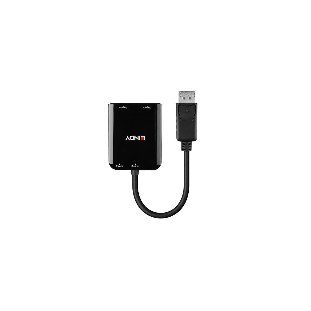 Un adaptador Lindy DisplayPort negro con cable y conector.