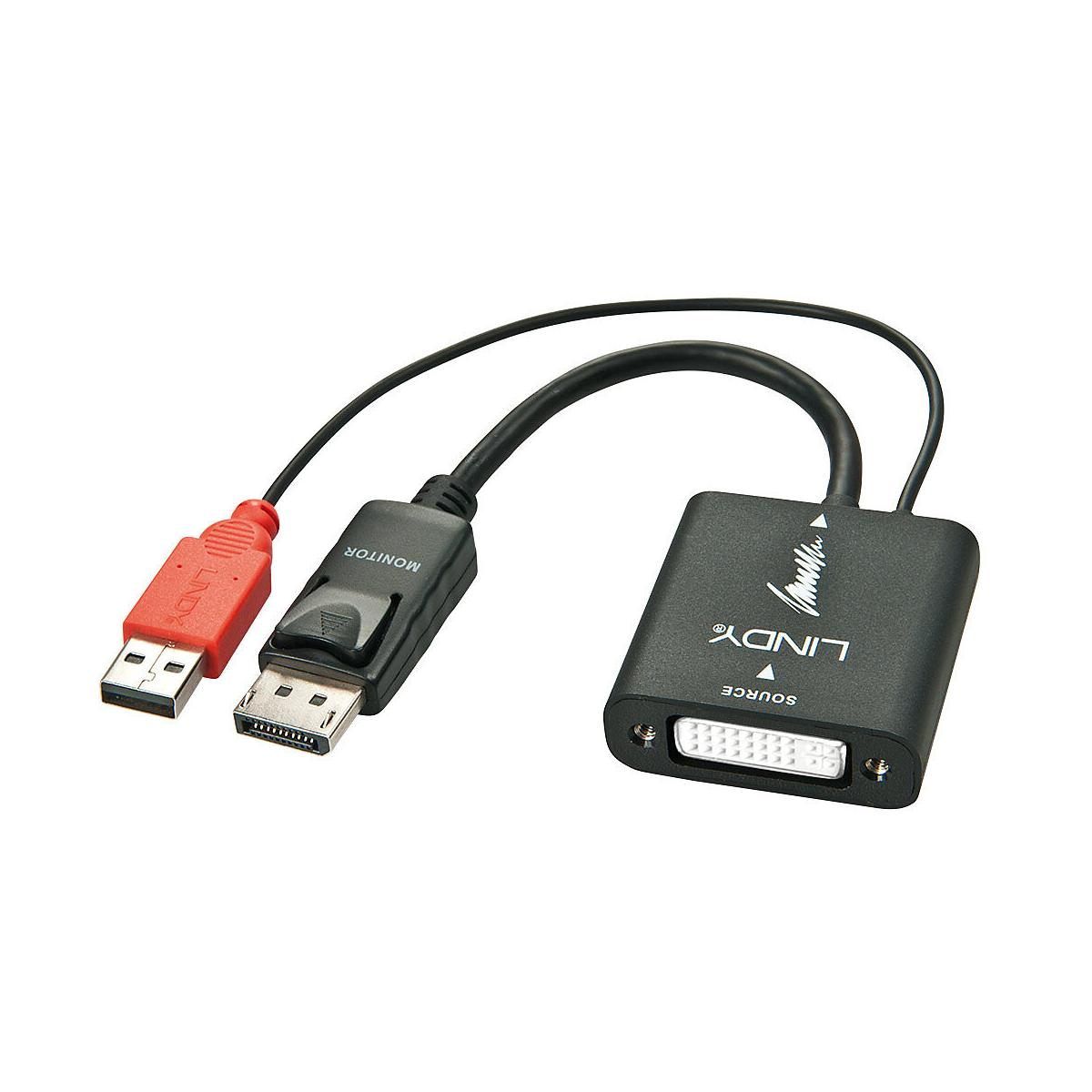 Un adattatore Lindy nero con connettori USB-A rossi e DisplayPort.