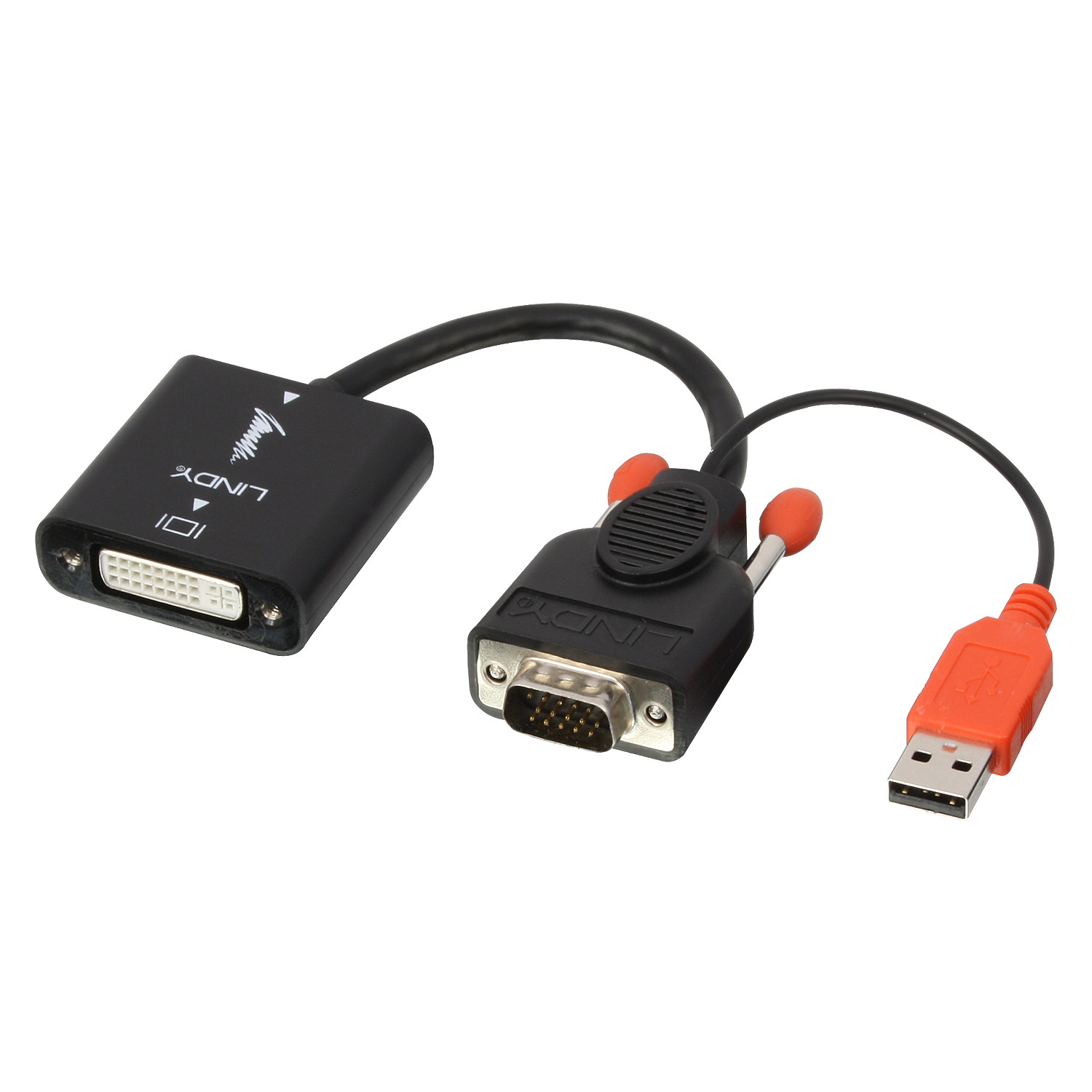 Un adattatore DVI a VGA nero con connettore USB arancione, su sfondo bianco.