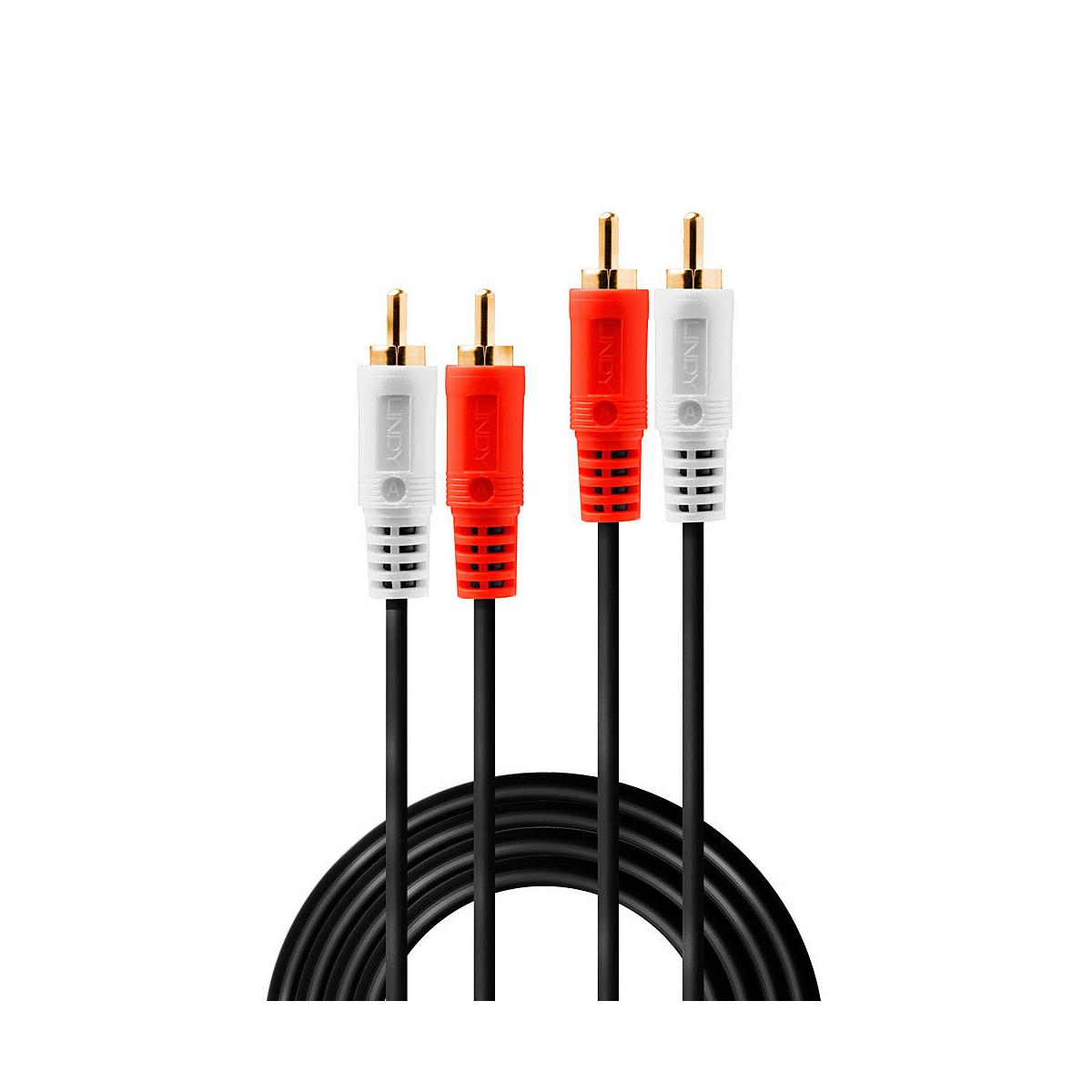 Four RCA audio cables, two white and two red, with gold connectors on a white background.