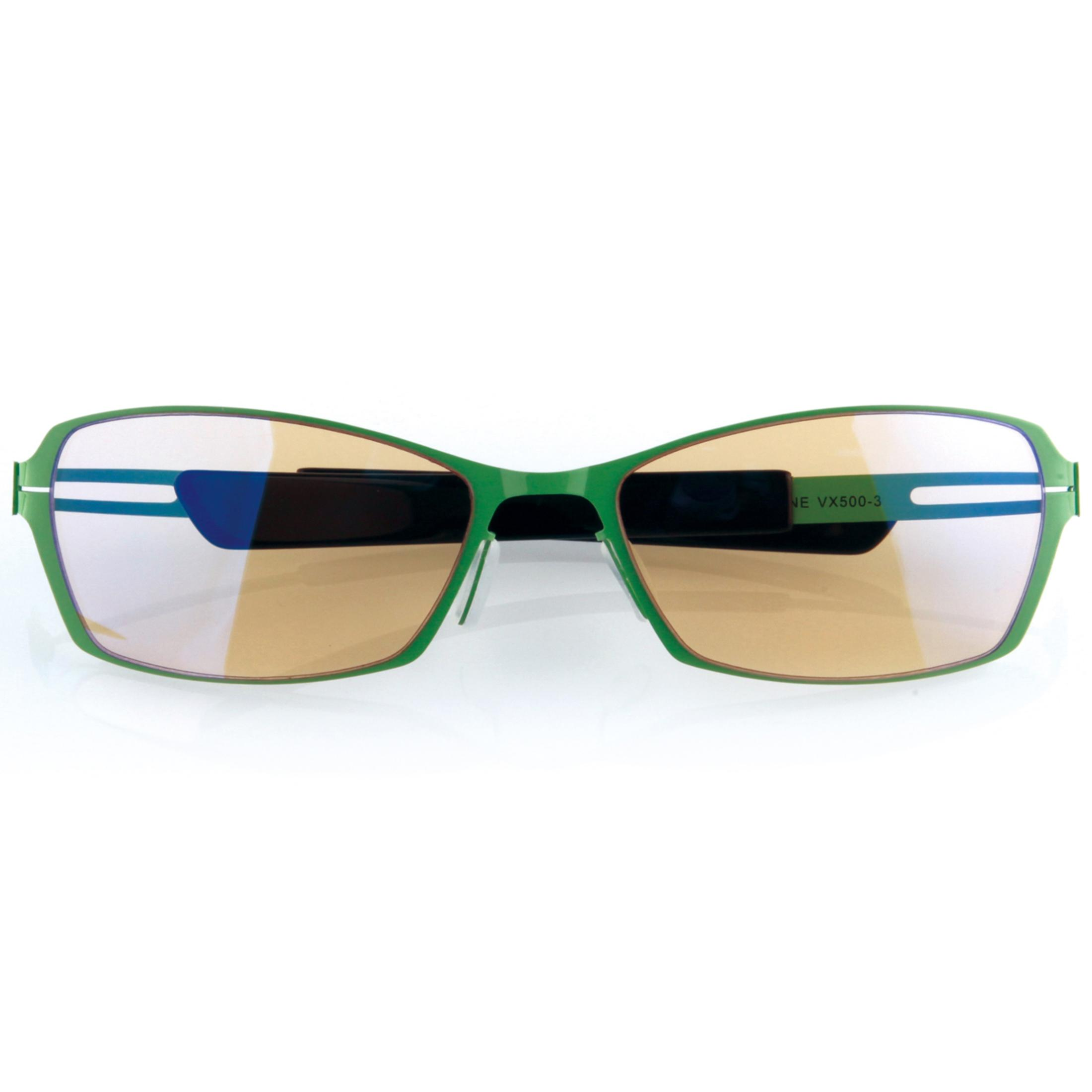 Grüne Brille mit braunen Gläsern und blauen Akzenten. Modell VX500-3.