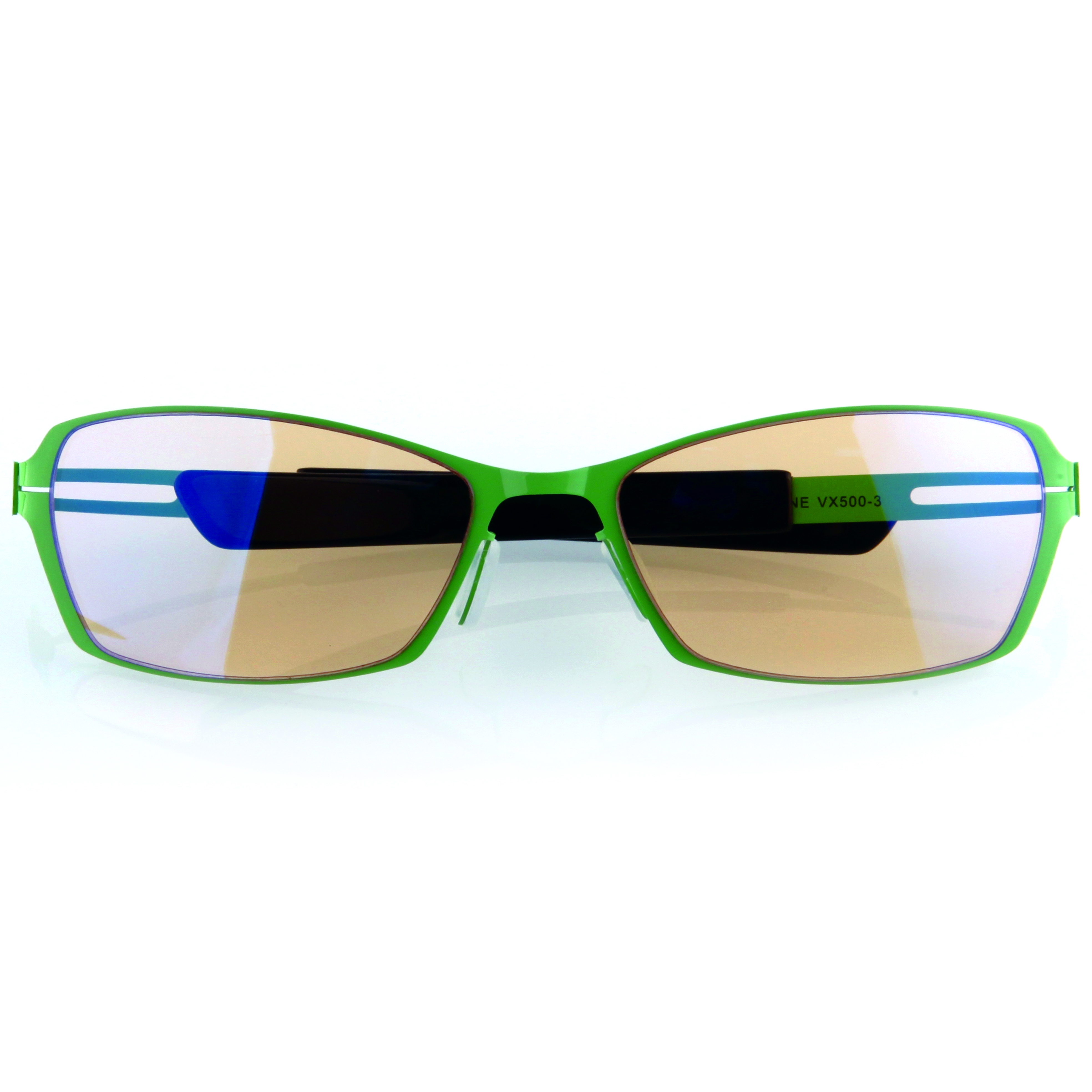 Grüne Brille mit braunen Gläsern und blauen Akzenten. Modell VX500-3.
