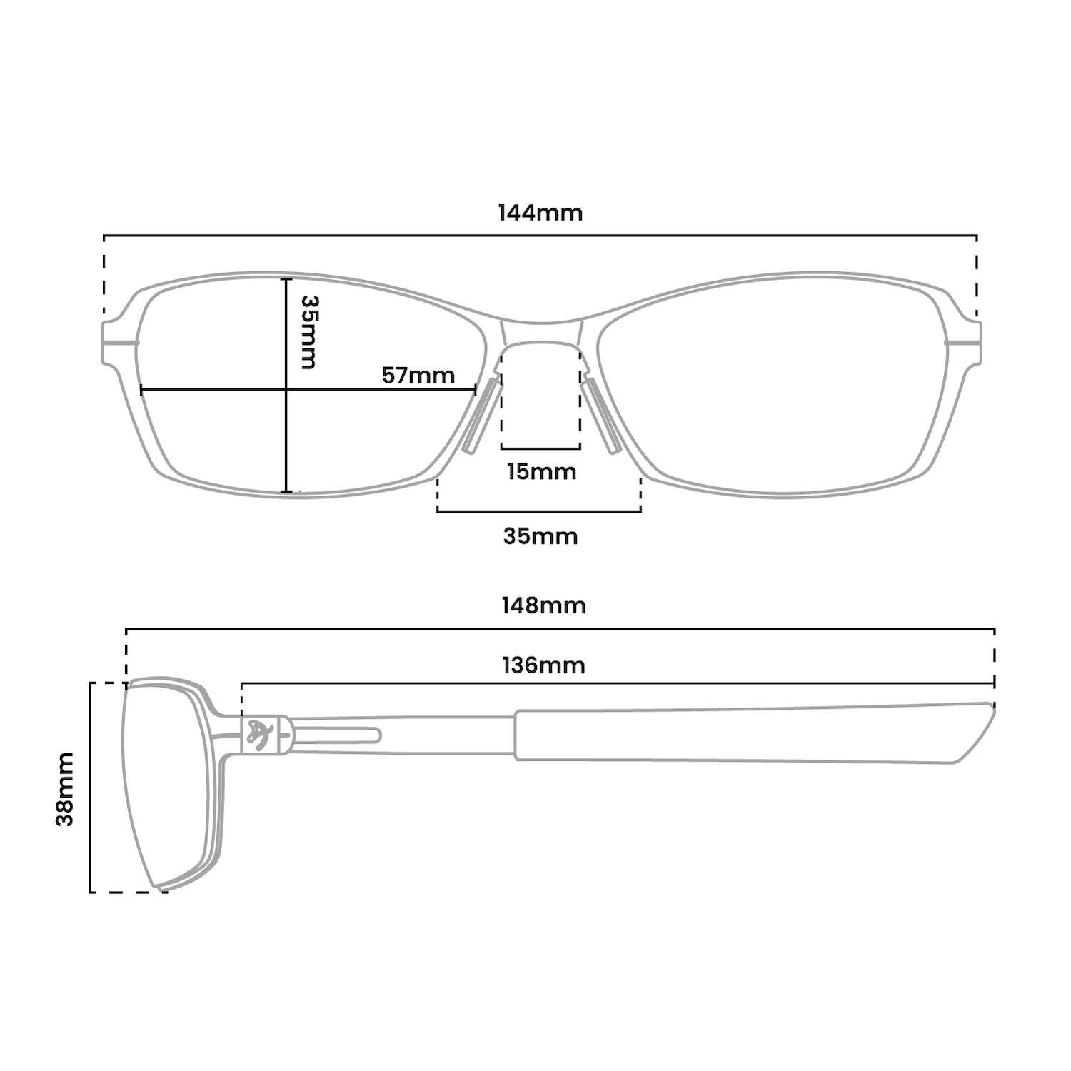 Technische Zeichnung einer Brille mit Maßen: 144mm Breite, 35mm Höhe, 57mm Linsenbreite, 15mm Stegbreite.