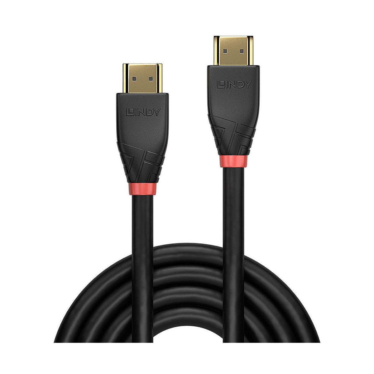 Due cavi HDMI LINDY neri con connettori dorati su sfondo bianco.