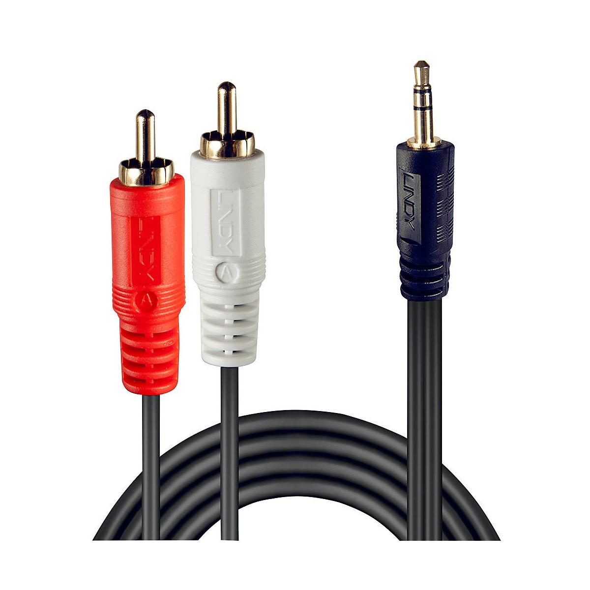 Cavi RCA rossi e bianchi con spina jack da 3,5 mm.