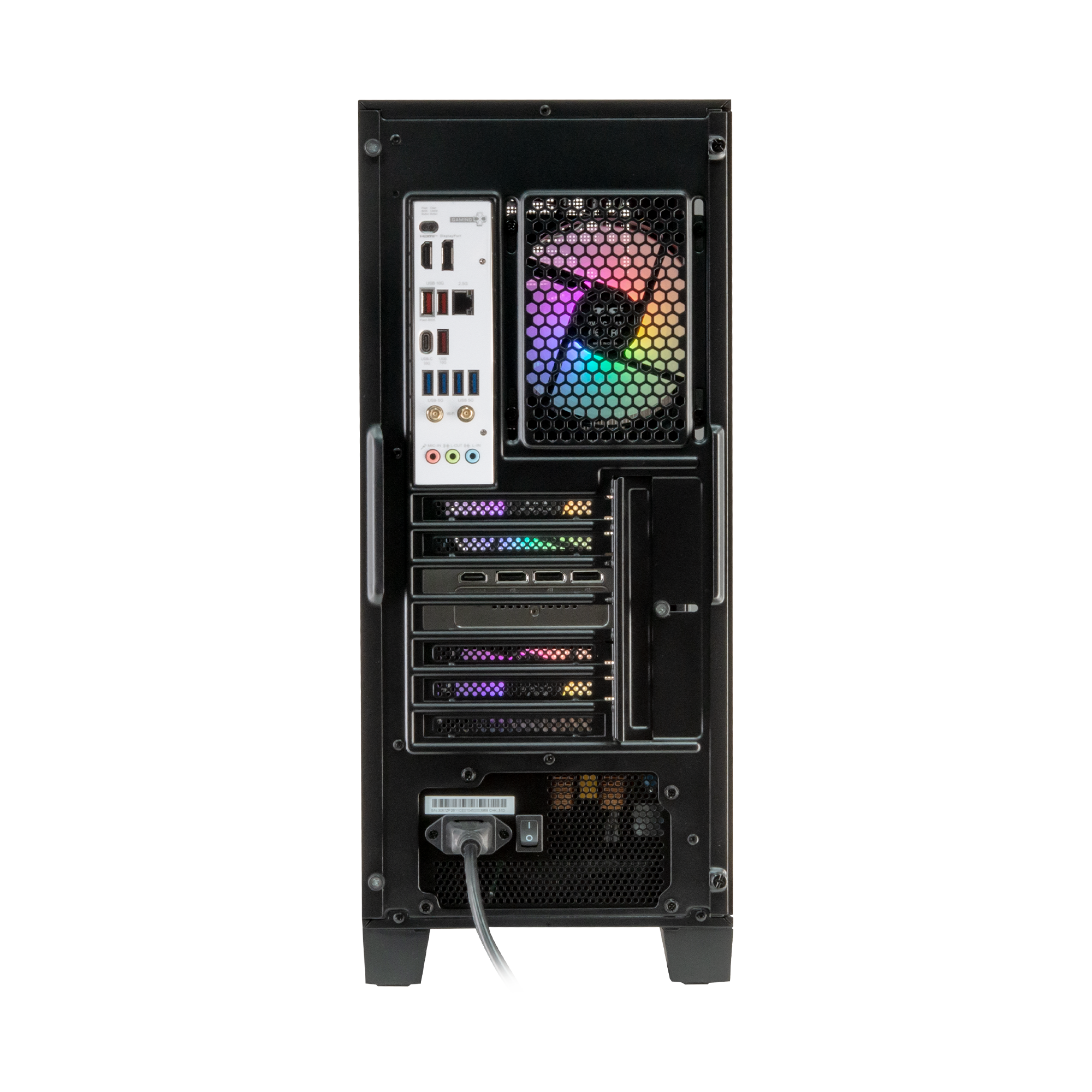 Achterkant van een pc met poorten, RGB-ventilator en voeding.
