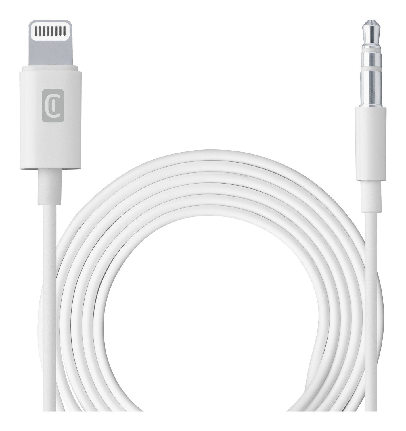 Un cable blanco con conectores lightning y jack de 3,5 mm.