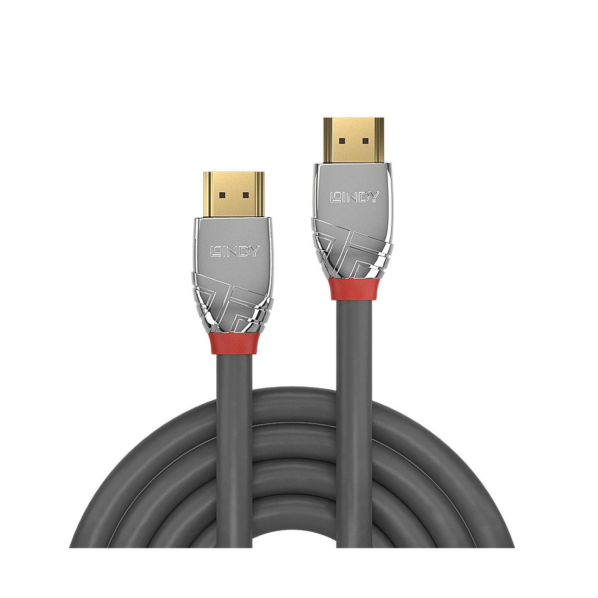 Due cavi HDMI con connettori argentati e accenti rossi, su sfondo bianco.