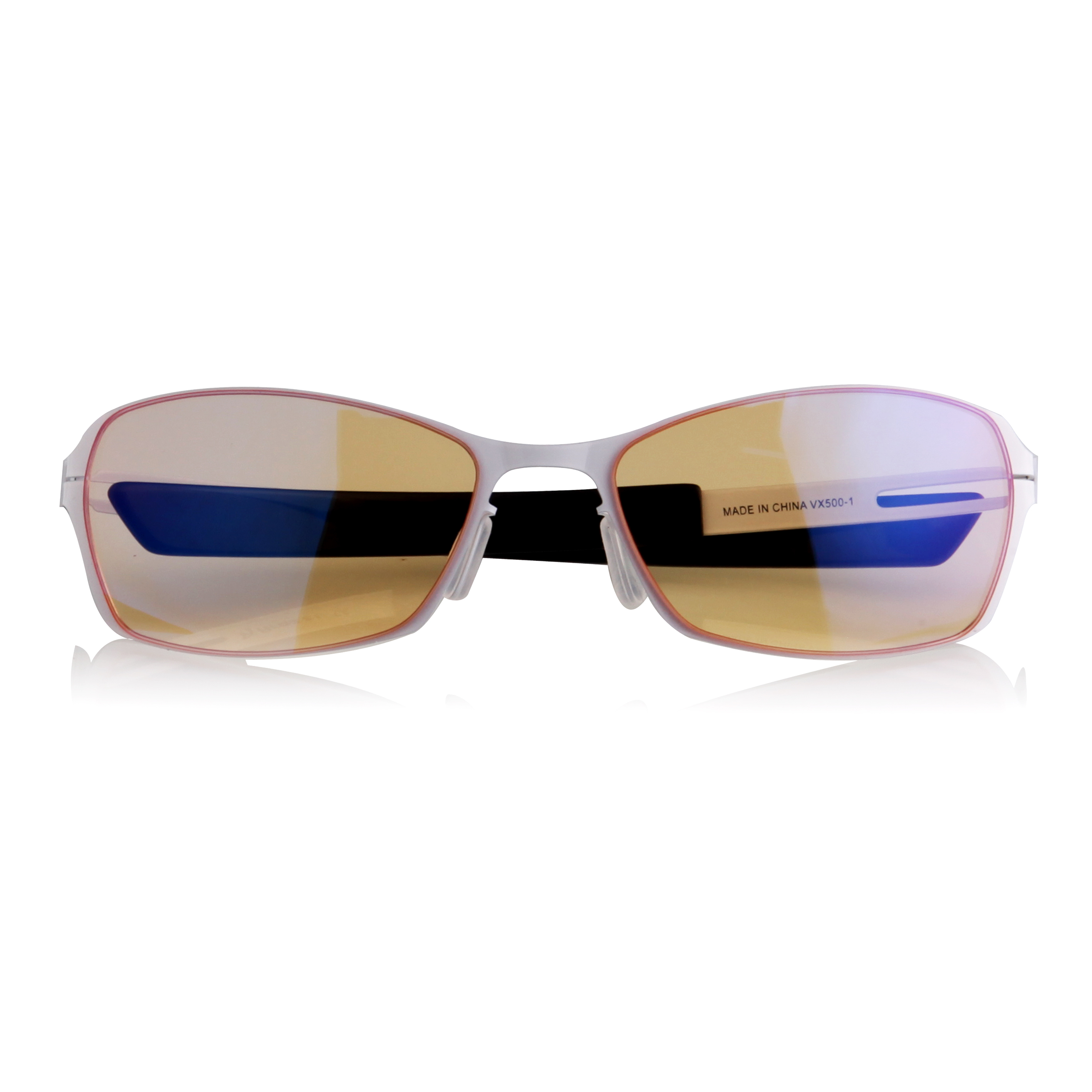 Wei&szlig;e Schutzbrille mit gelben Gl&auml;sern und blauem Akzent
