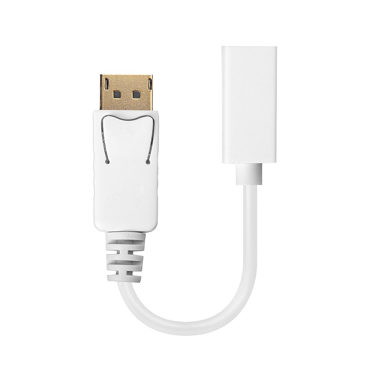 Un adaptador blanco de DisplayPort a HDMI con conectores dorados.