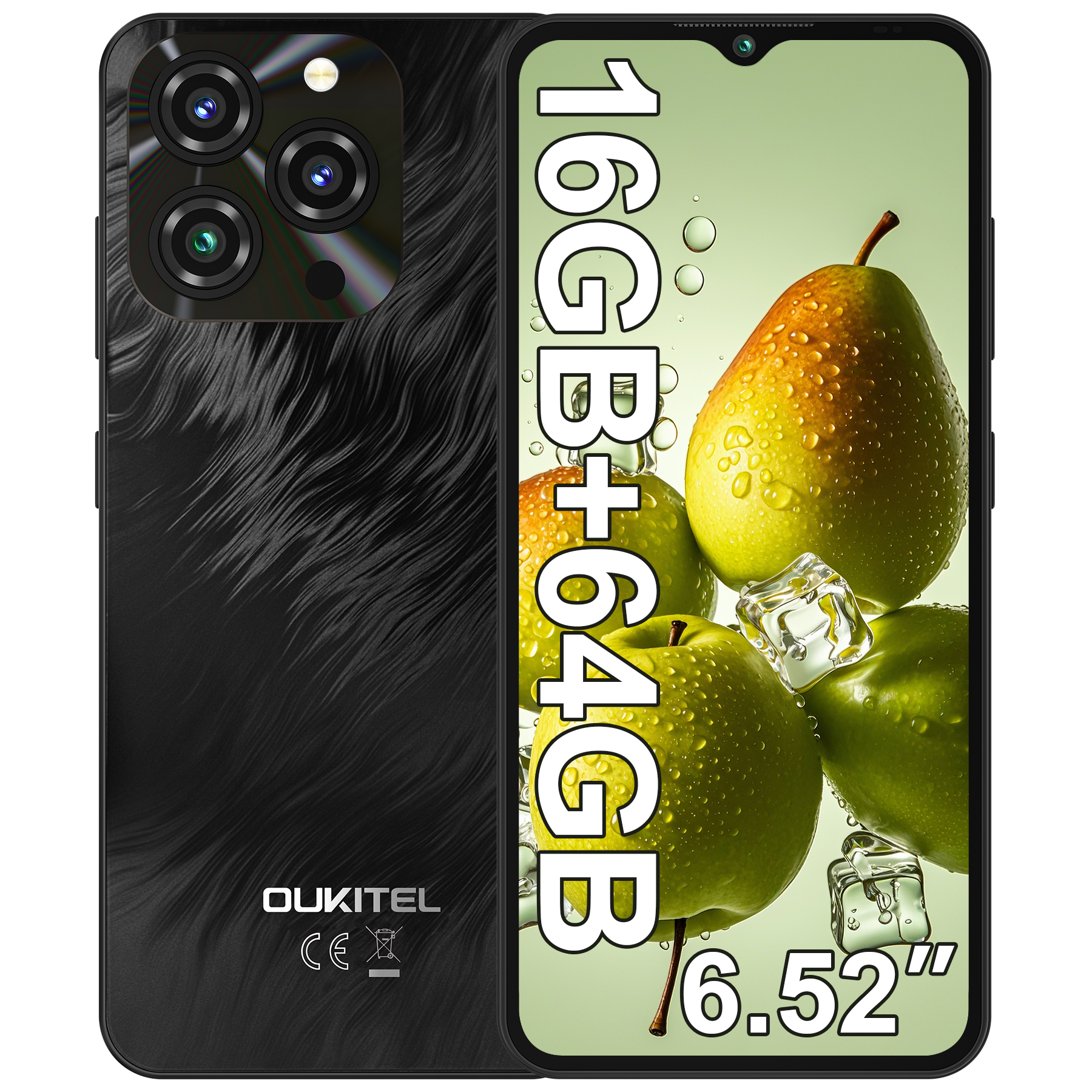 Teléfono negro con 3 cámaras, al lado 16GB+64GB y 6,52 pulgadas sobre frutas.
