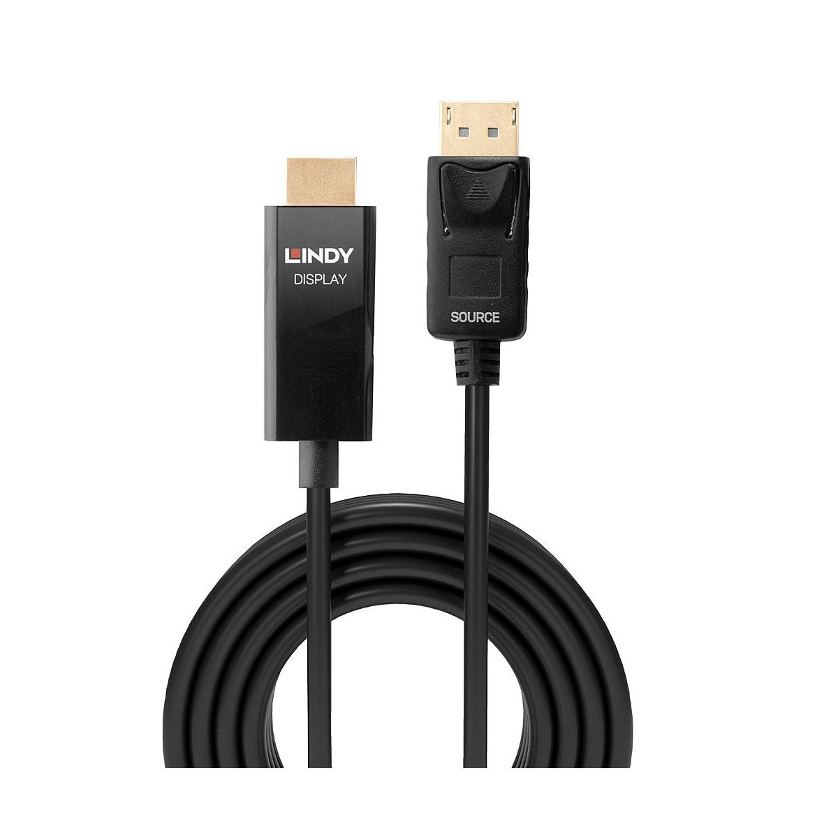 Un cavo nero Lindy da Display a Sorgente con connettori HDMI e DisplayPort.