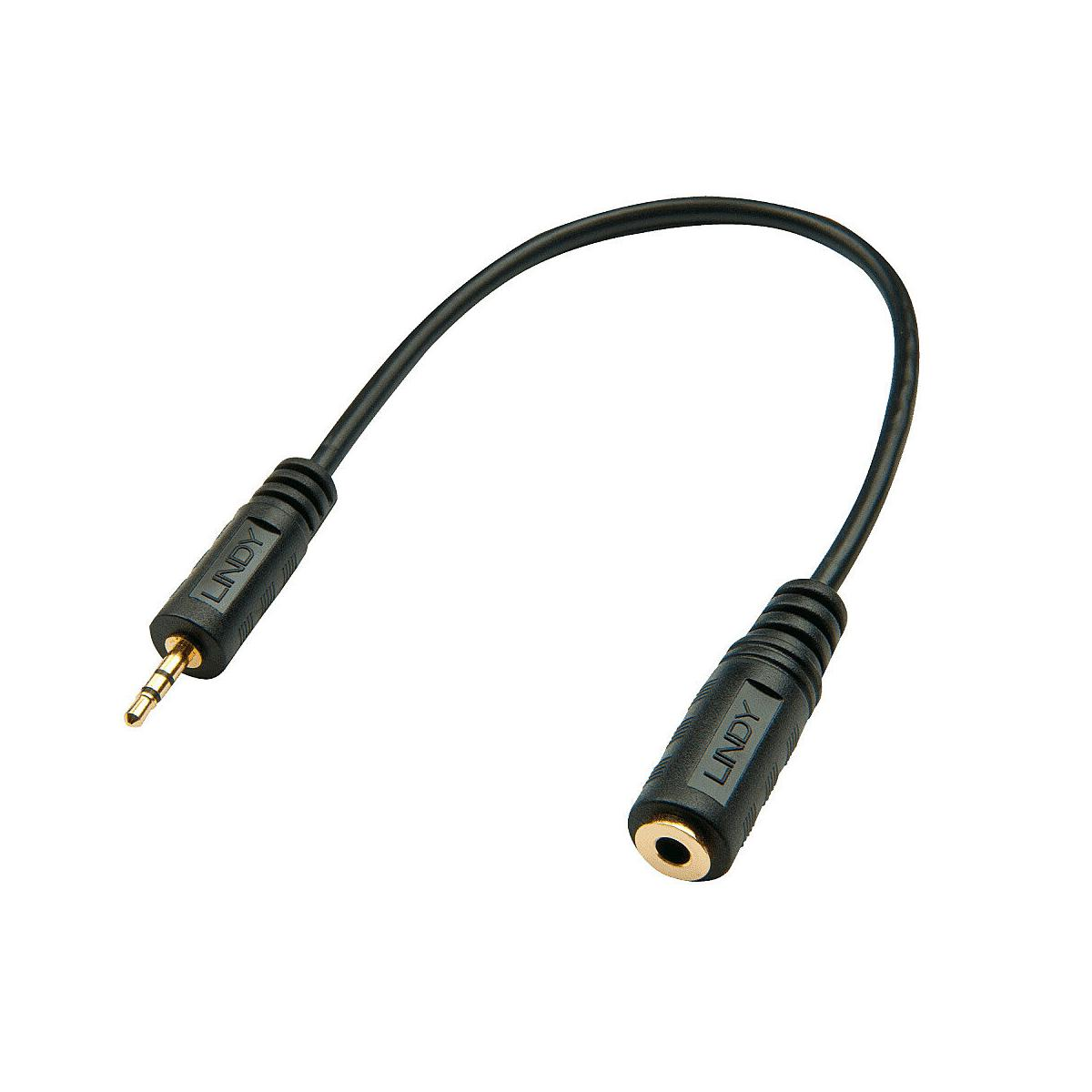 Cavo adattatore audio Lindy nero con connettori maschio e femmina da 3,5 mm.
