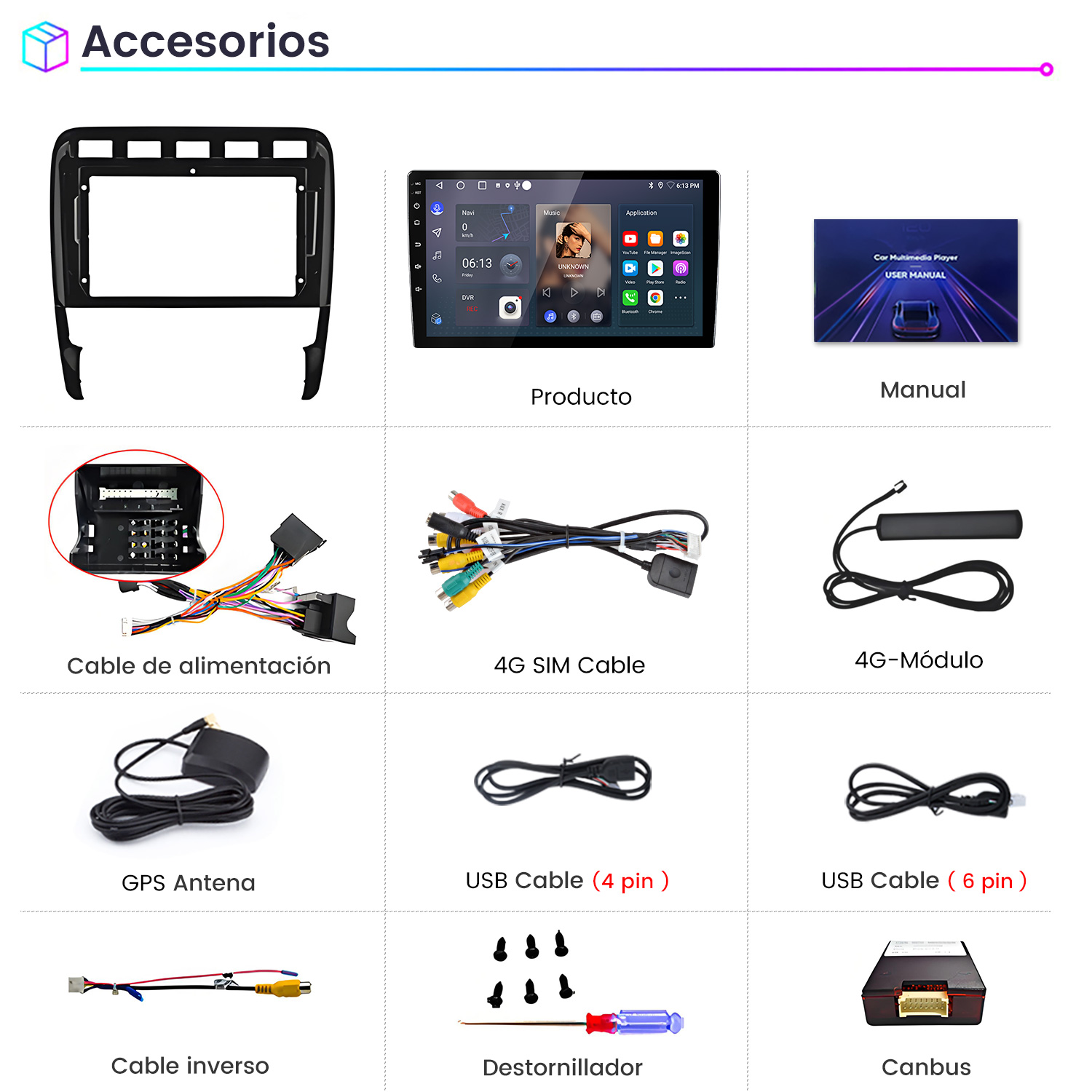 Marco negro para accesorios de coche, pantalla tctil, manual, cable de alimentacin, cable SIM 4G, mdulo 4G, antena GPS, cable USB, cable inverso, destornillador y Canbus.