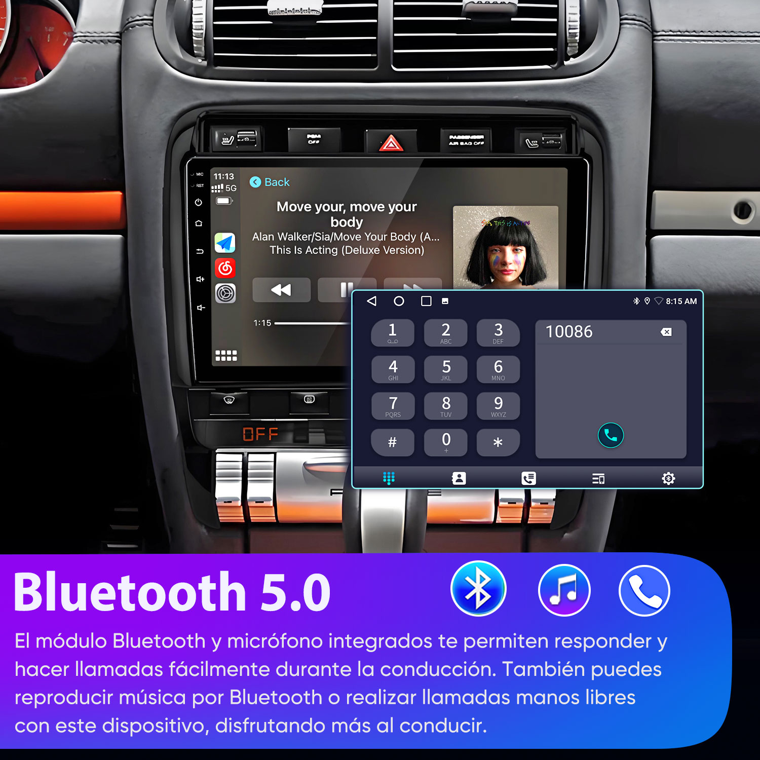 Interior de coche con sistema de infoentretenimiento táctil mostrando música y teclado.
