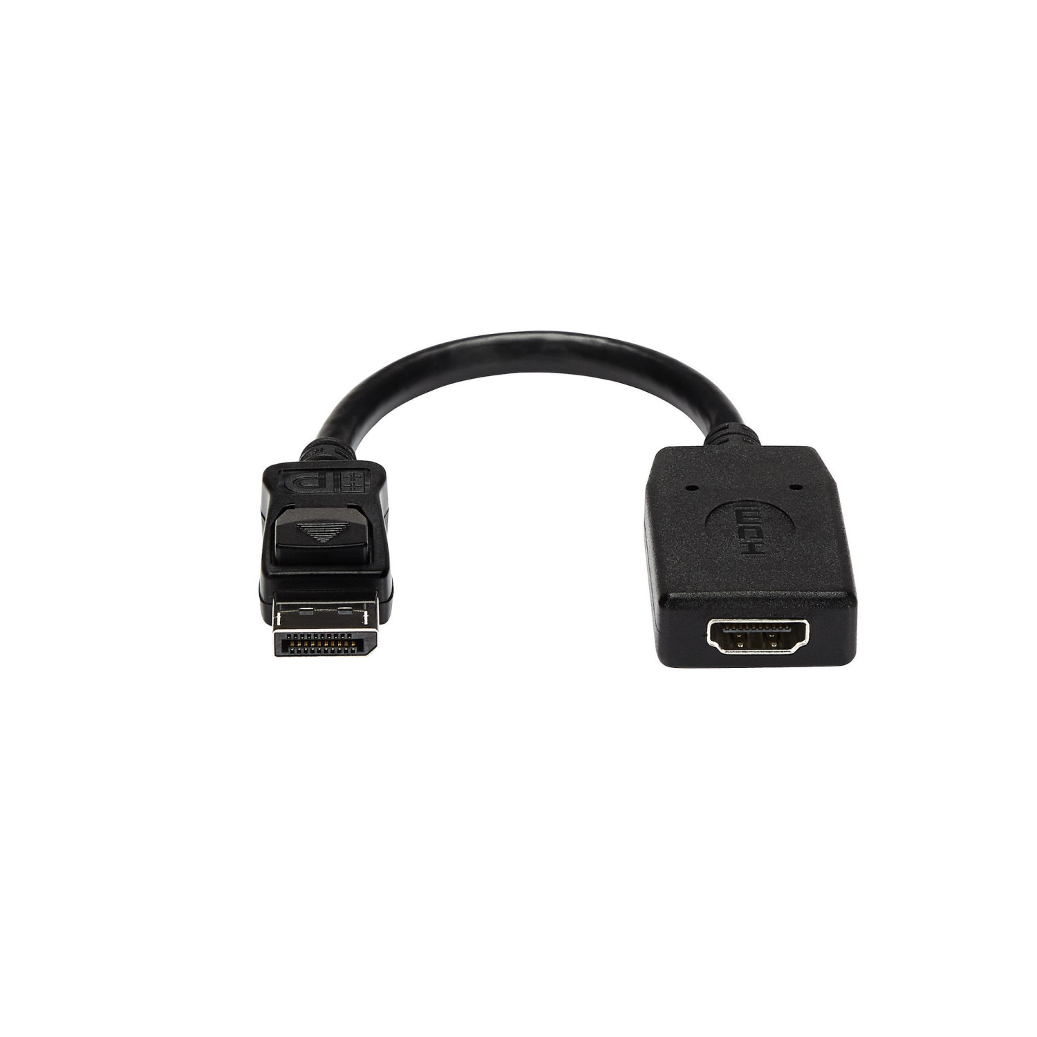 Schwarzes Adapterkabel mit DisplayPort-Stecker und HDMI-Buchse.