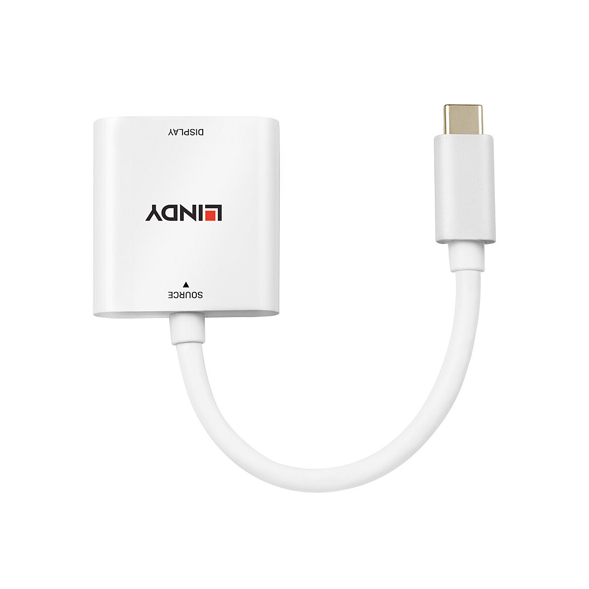 Weißer Lindy USB-C zu DisplayPort Adapter mit Kabel und Stecker.