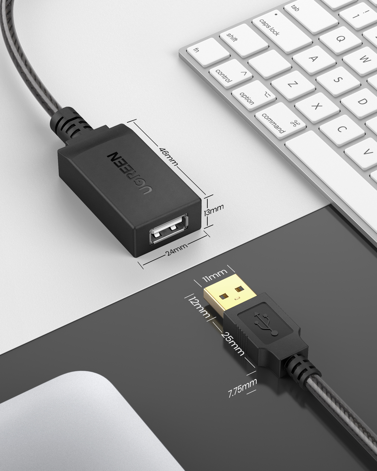 Kablolu siyah USB adaptörü, boyutları gösterilmiş, klavyenin yanında.