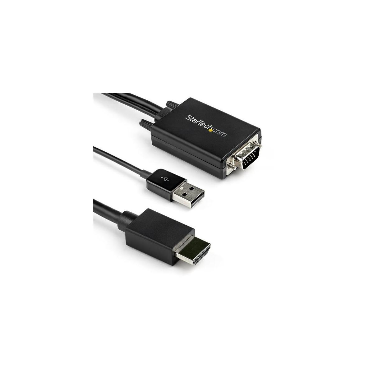Un adaptador negro StarTech.com con conectores HDMI, USB y VGA.