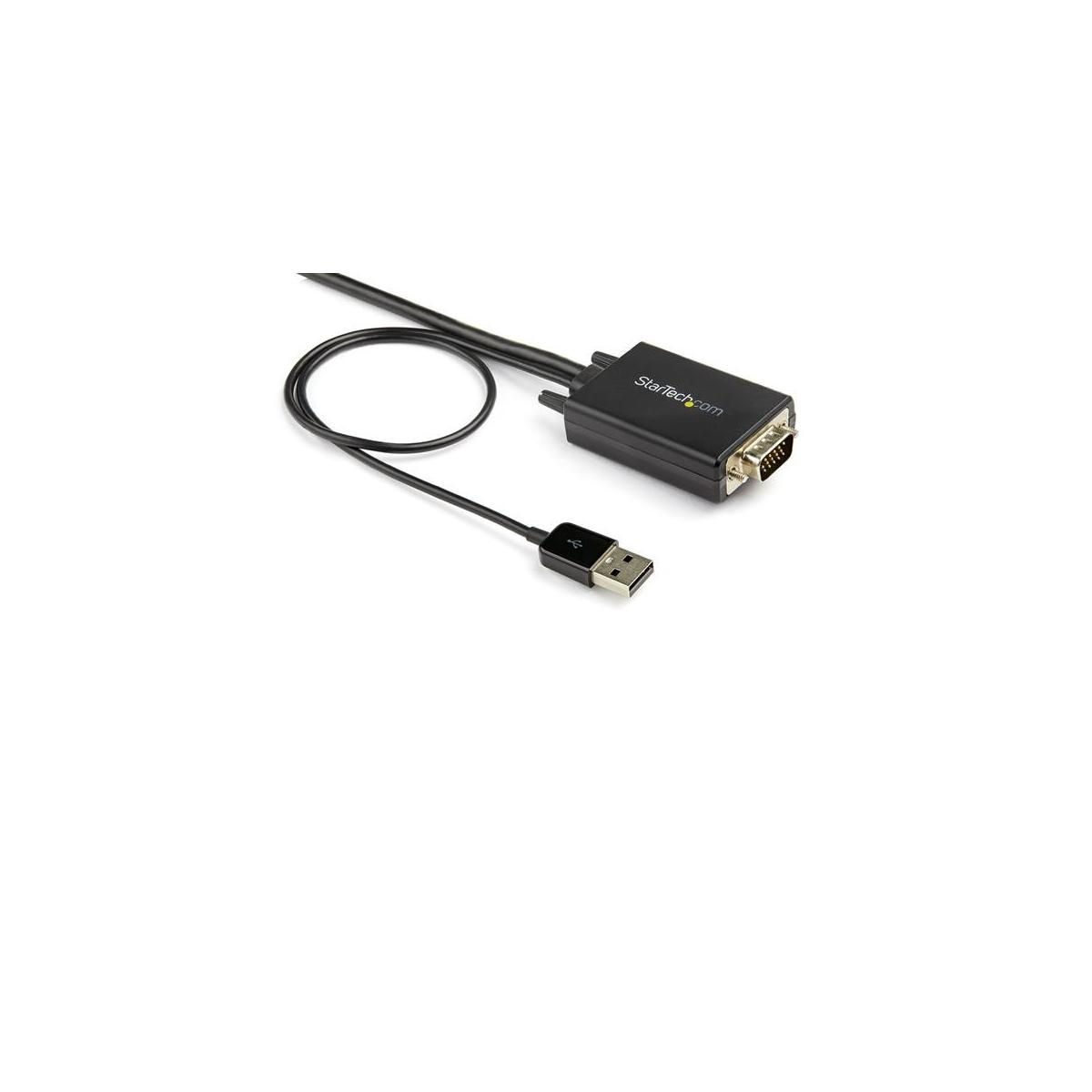 Un adaptador StarTech.com negro con conexiones USB y VGA sobre fondo blanco.