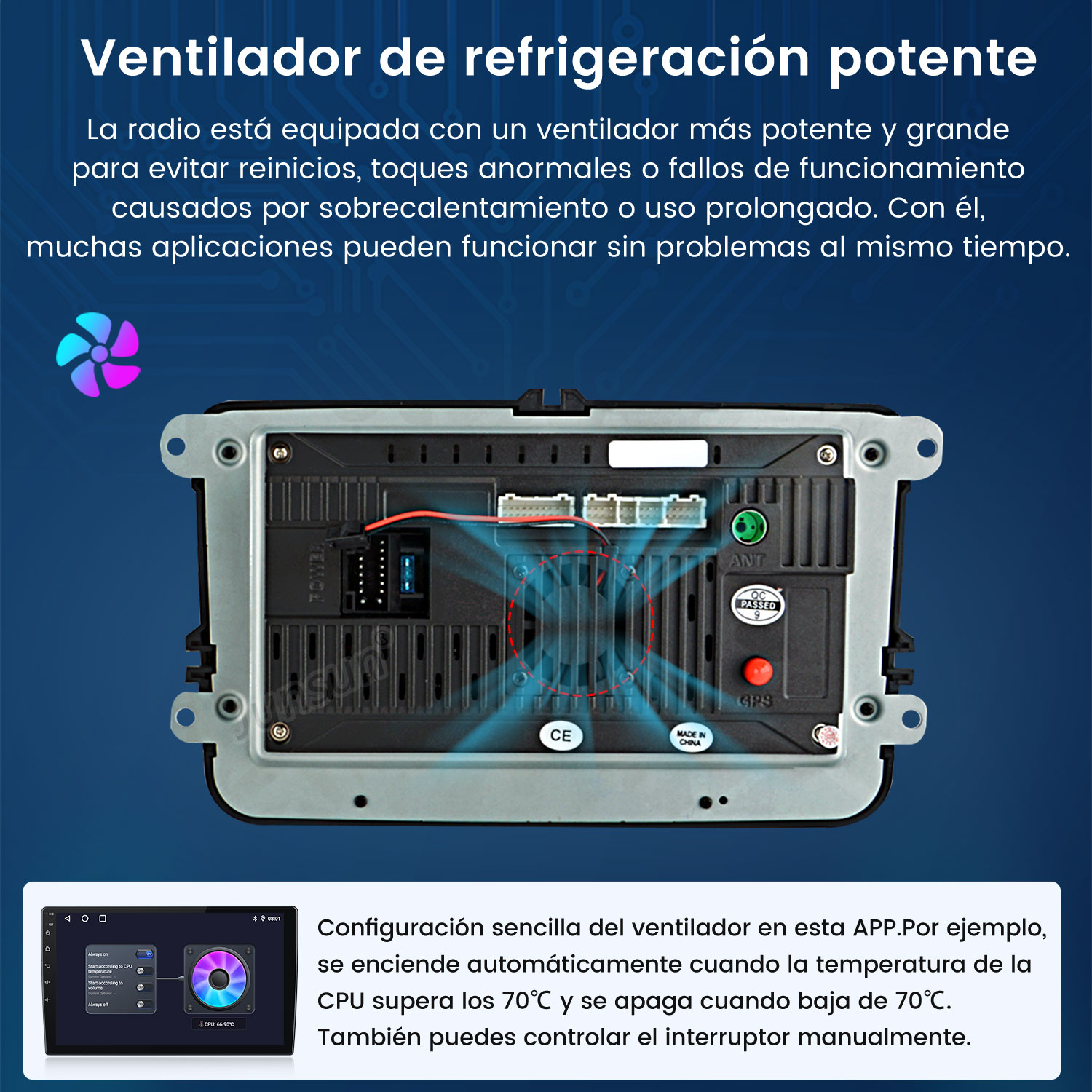 Parte trasera de una radio de coche con ventilador y conexiones, vista detallada.