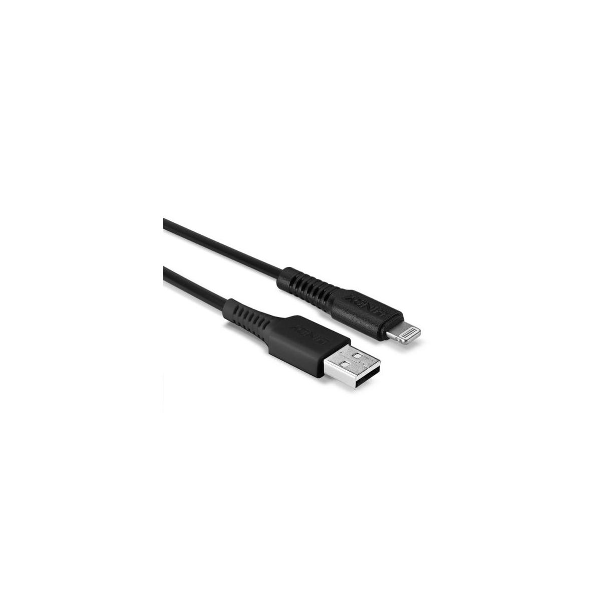 Un cavo da USB a Lightning nero con due connettori a fuoco.