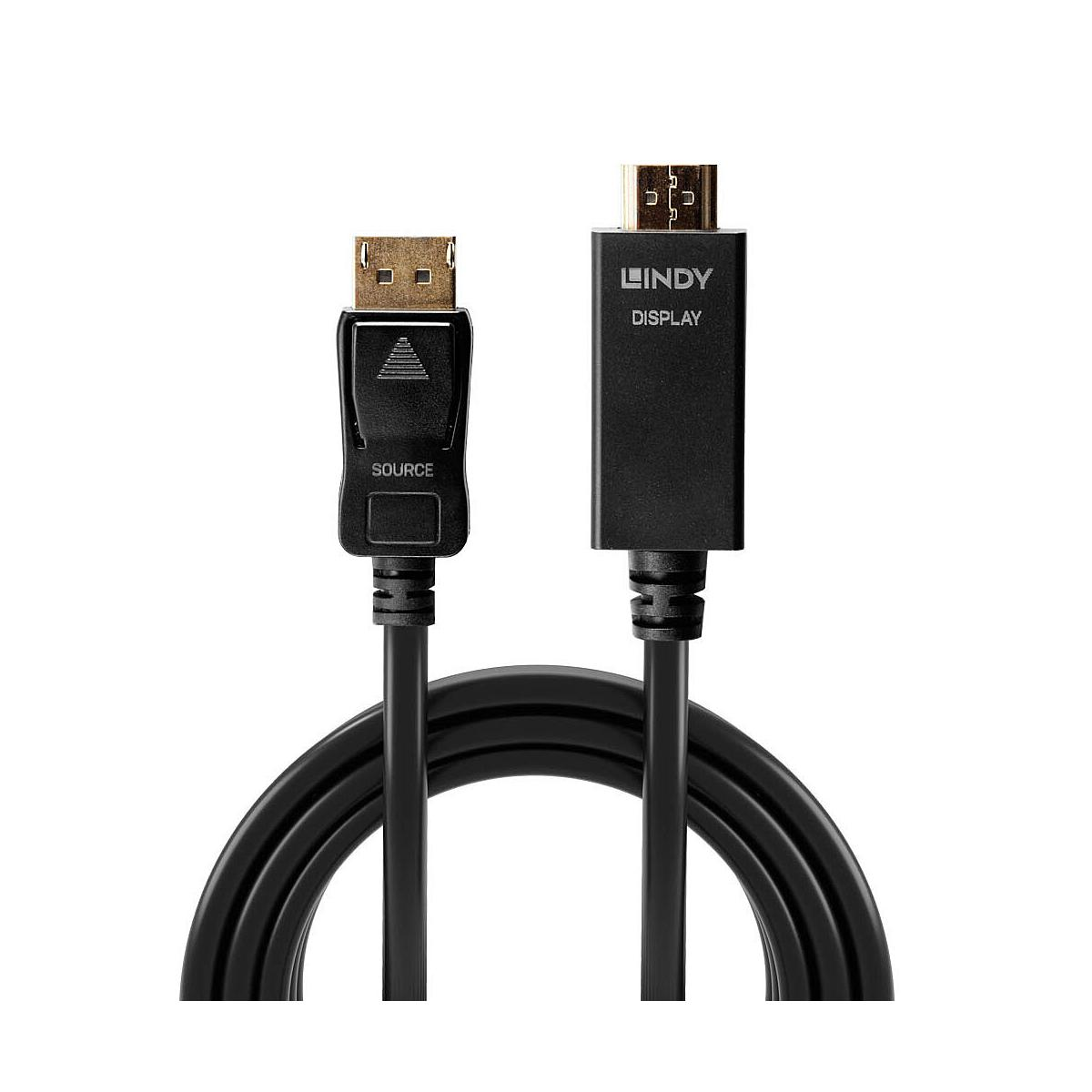 Ein schwarzes DisplayPort-Kabel mit zwei Anschlüssen, beschriftet mit LINDY und SOURCE.