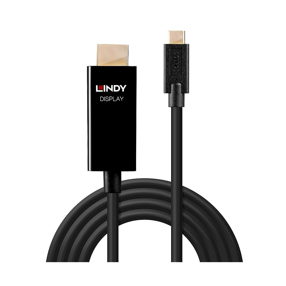 Un cavo HDMI nero Lindy Display con connettori dorati su sfondo bianco.