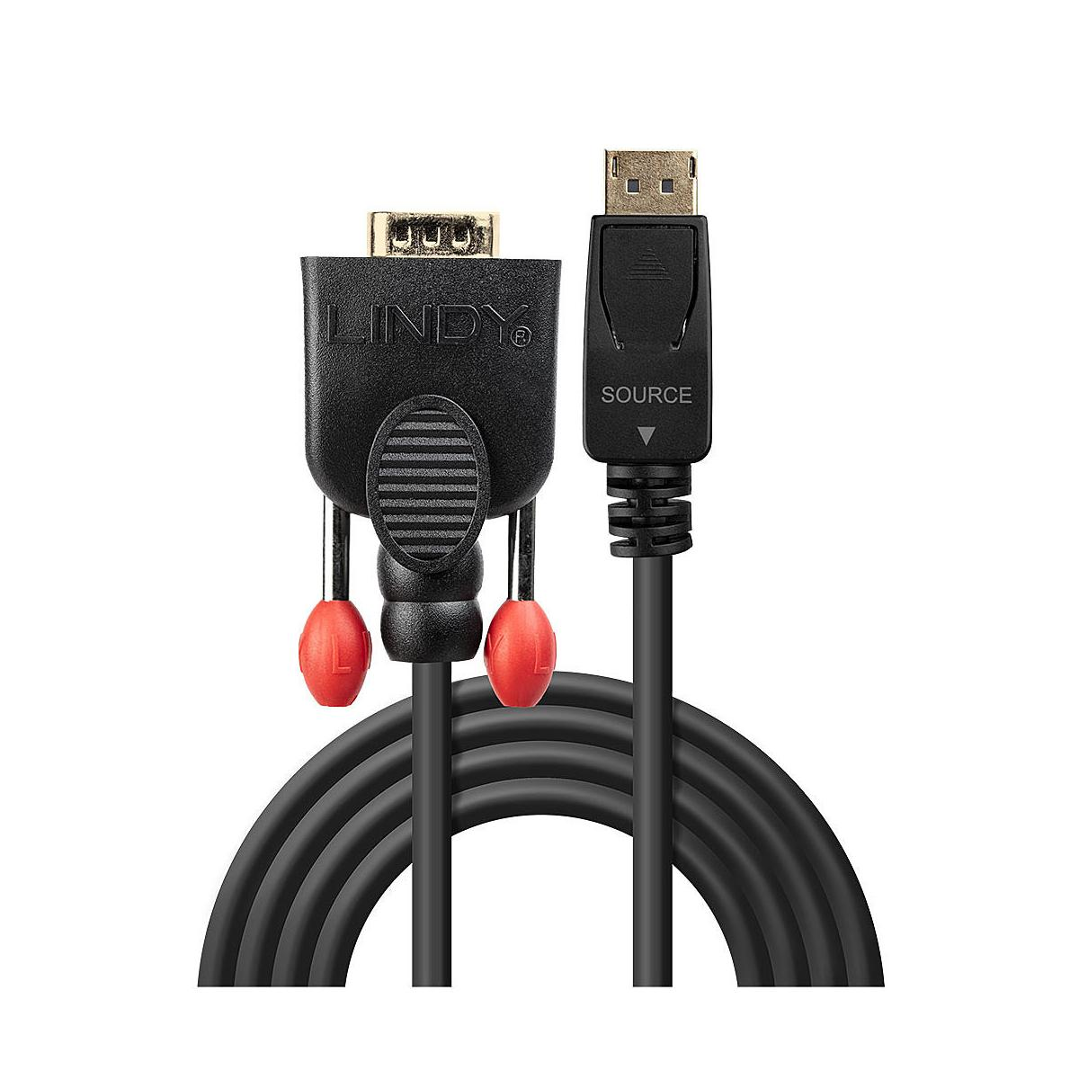 Cable negro con conectores VGA y DisplayPort. Logotipo Lindy visible.