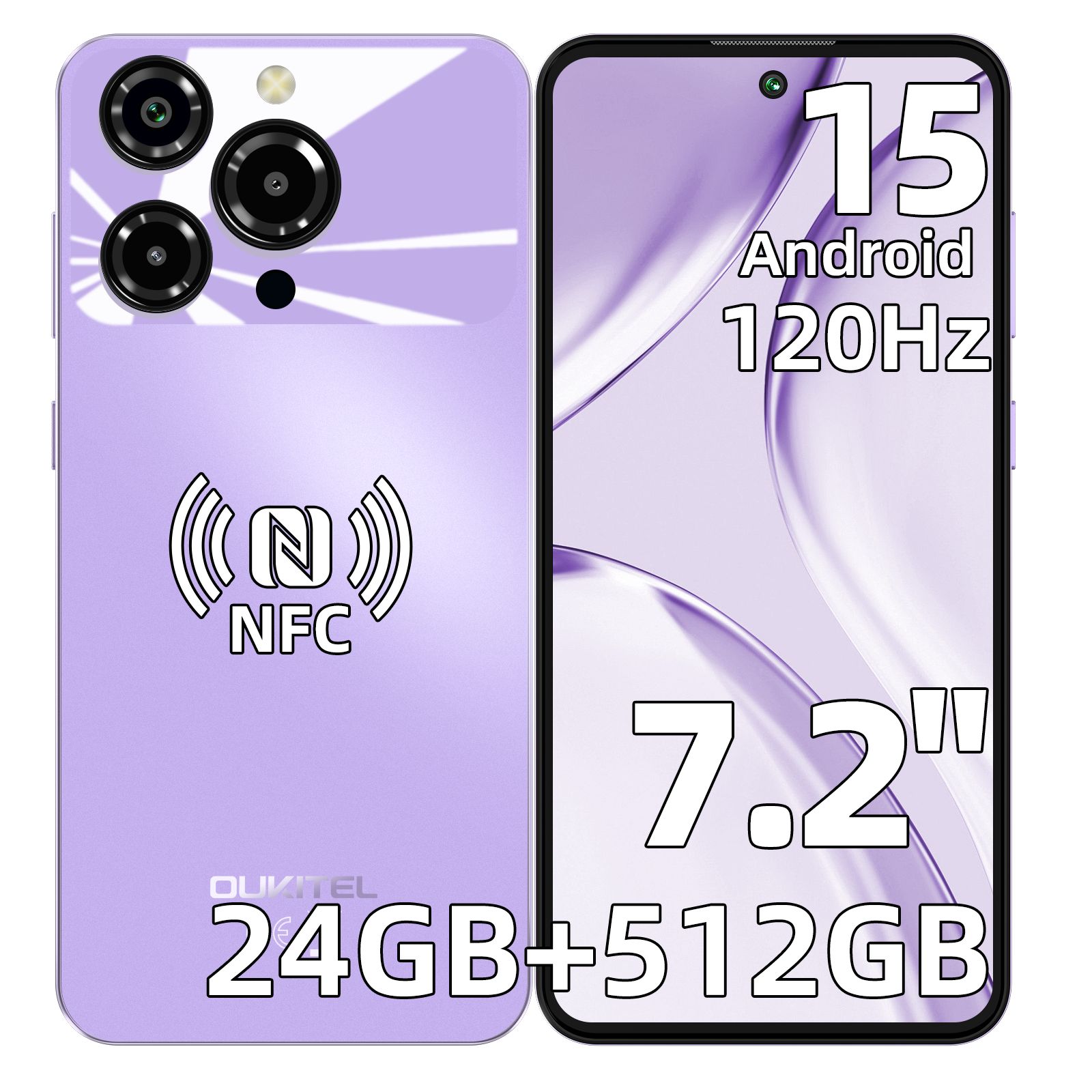 Un smartphone morado con 3 cámaras traseras y logo NFC. Pantalla muestra 15, Android, 120Hz, 7,2", 24GB+512GB.
