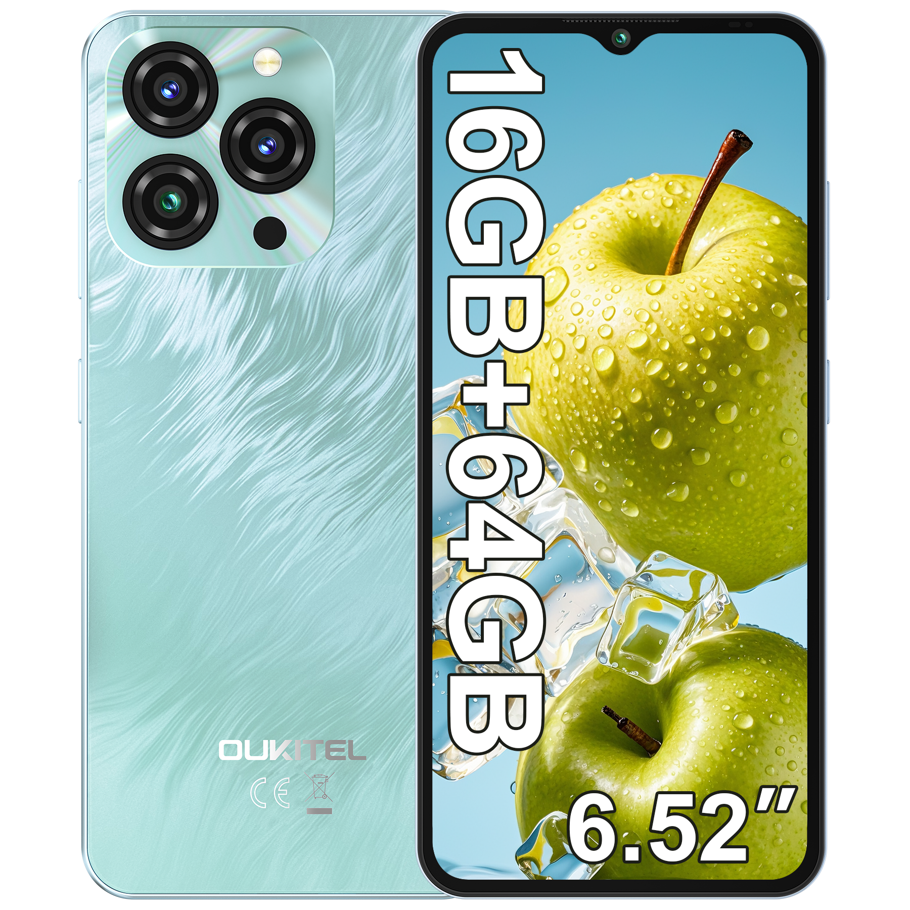Un smartphone azul claro con 3 cámaras traseras y pantalla con manzanas y hielo.