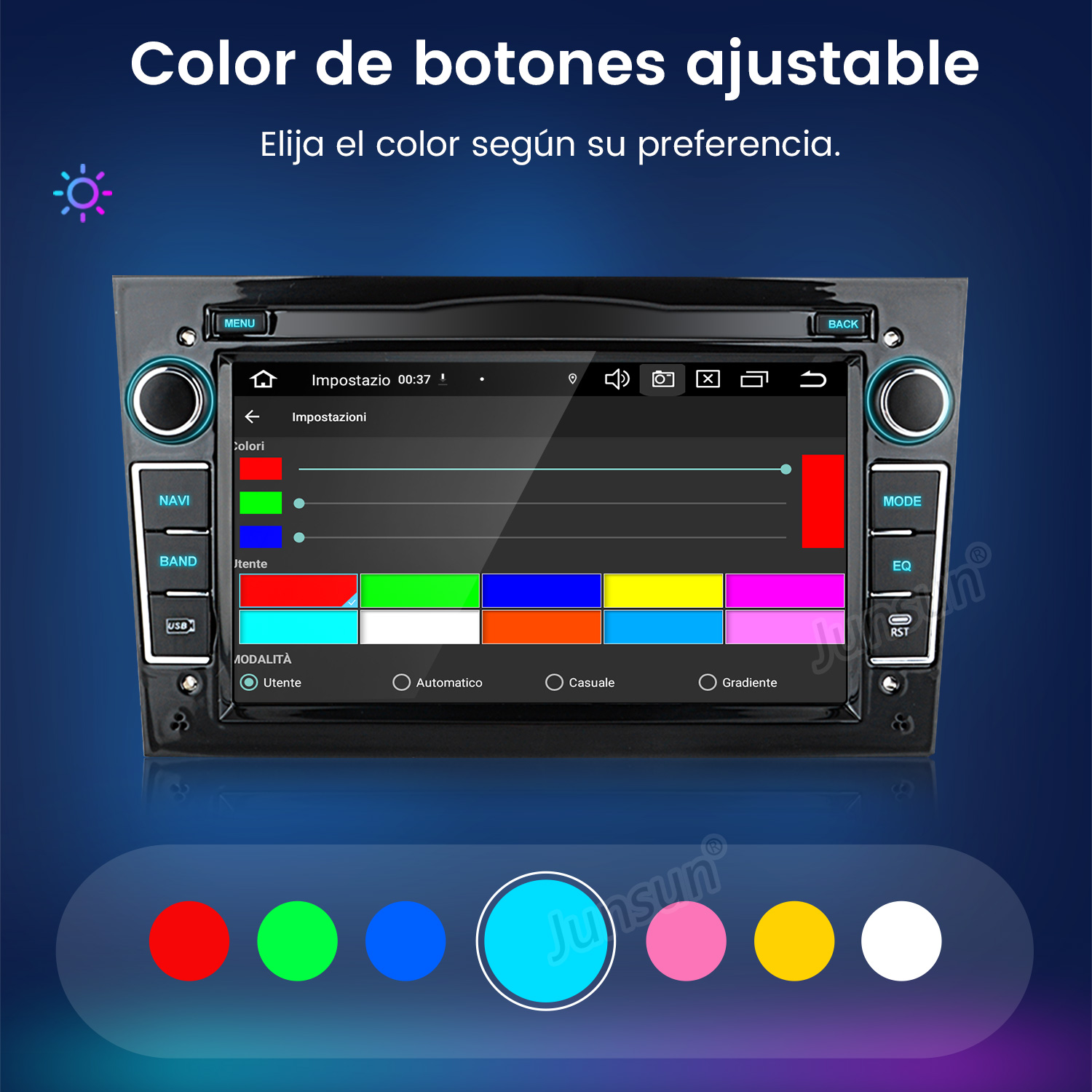 La pantalla de un autorradio muestra colores de botón ajustables con selección de color.