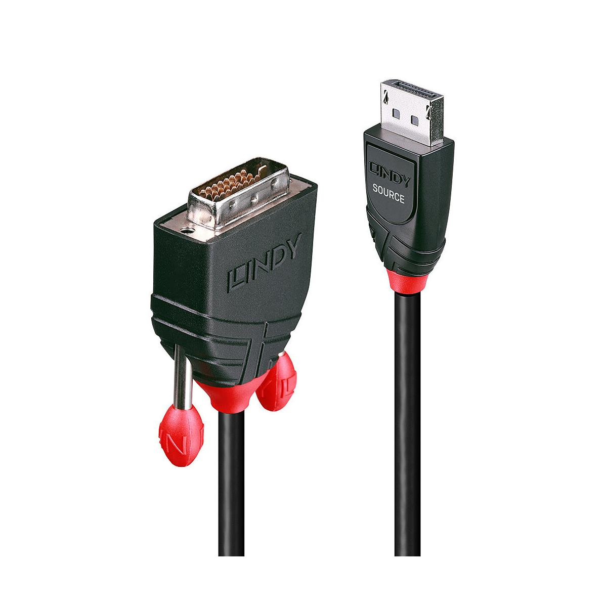 Dos conectores de cable Lindy: DVI-I y DisplayPort, con detalles rojos.