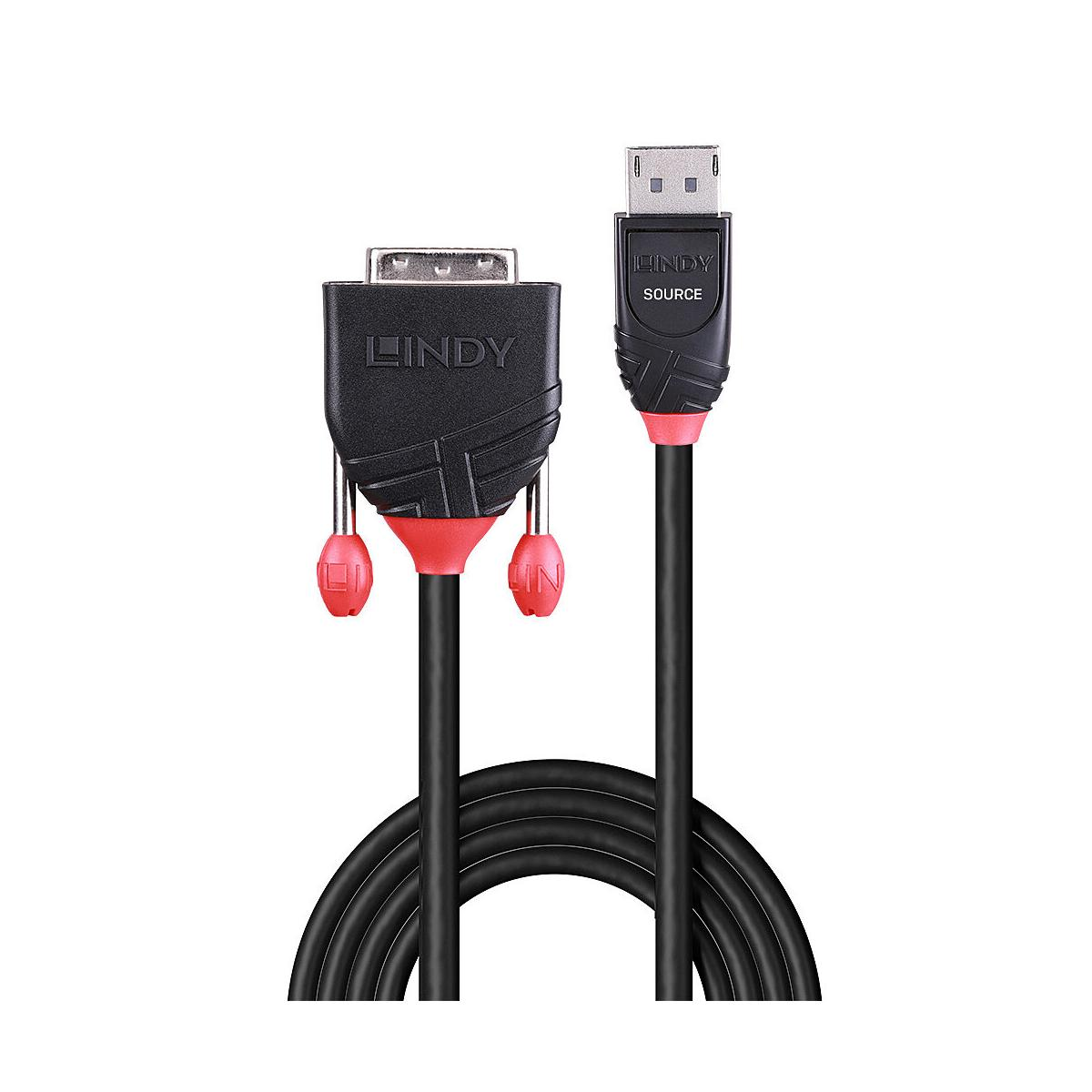 Un cable Lindy negro con detalles rojos, un extremo VGA, el otro DisplayPort.
