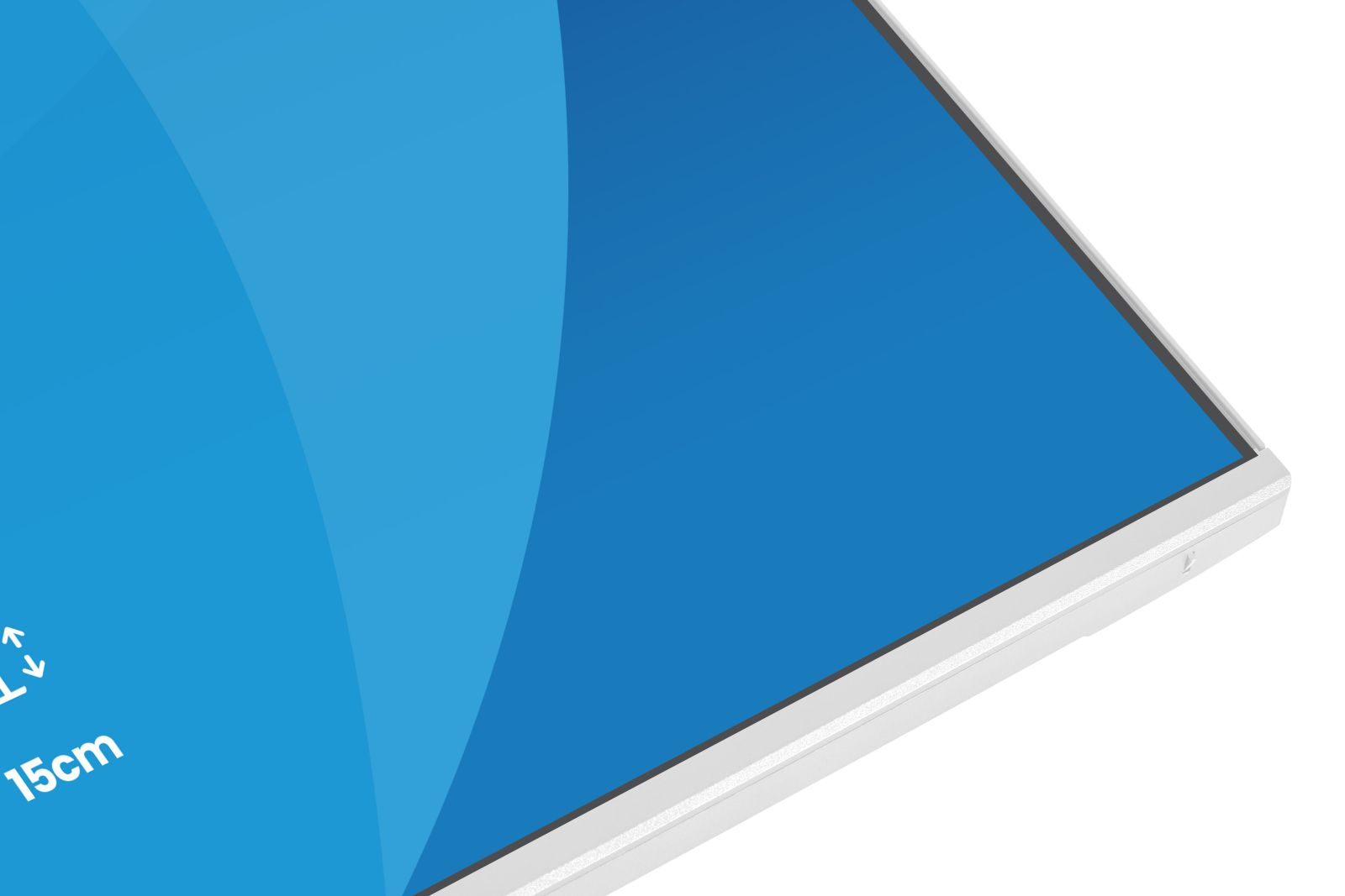 Ein weißer Monitor mit blauer Grafik. Beschriftung 15 cm.