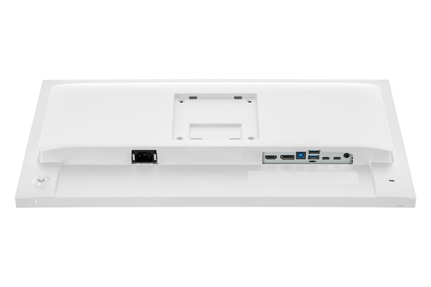 Achterkant van witte monitor met stroom-, HDMI-, USB-A- en USB-C-poorten.