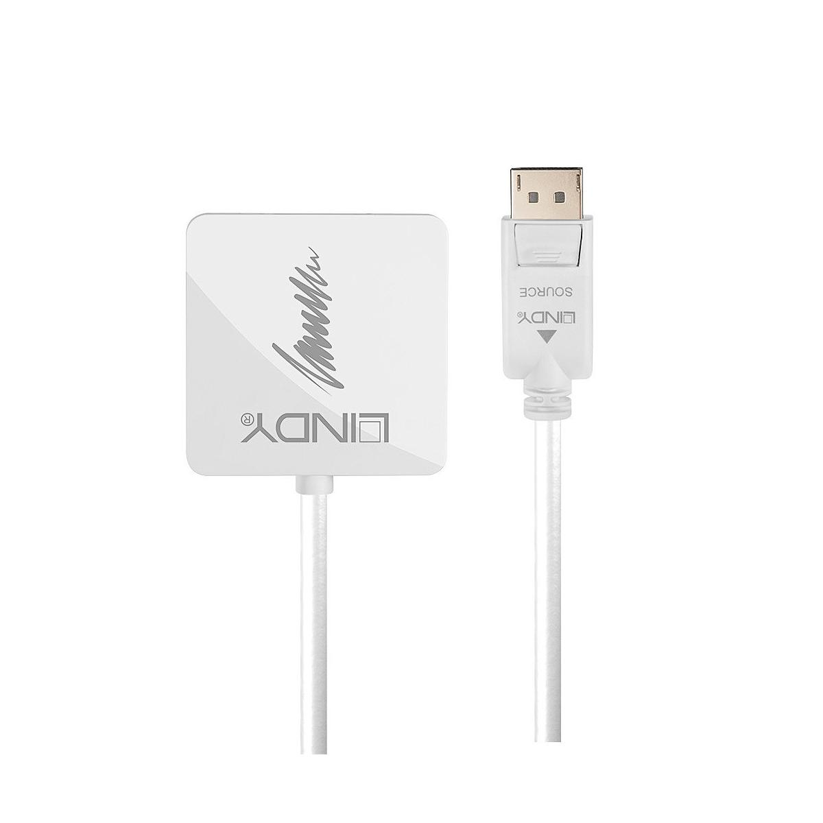 Un adattatore Lindy bianco con connettore USB-C e connettore DisplayPort.
