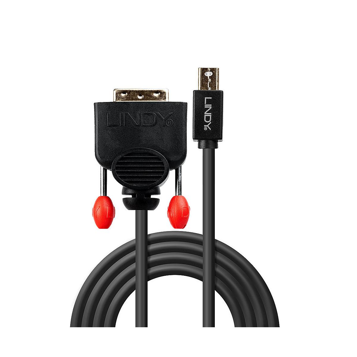 Ein schwarzes LINDY-Kabel mit Mini-USB- und VGA-Anschlüssen und roten Schrauben.