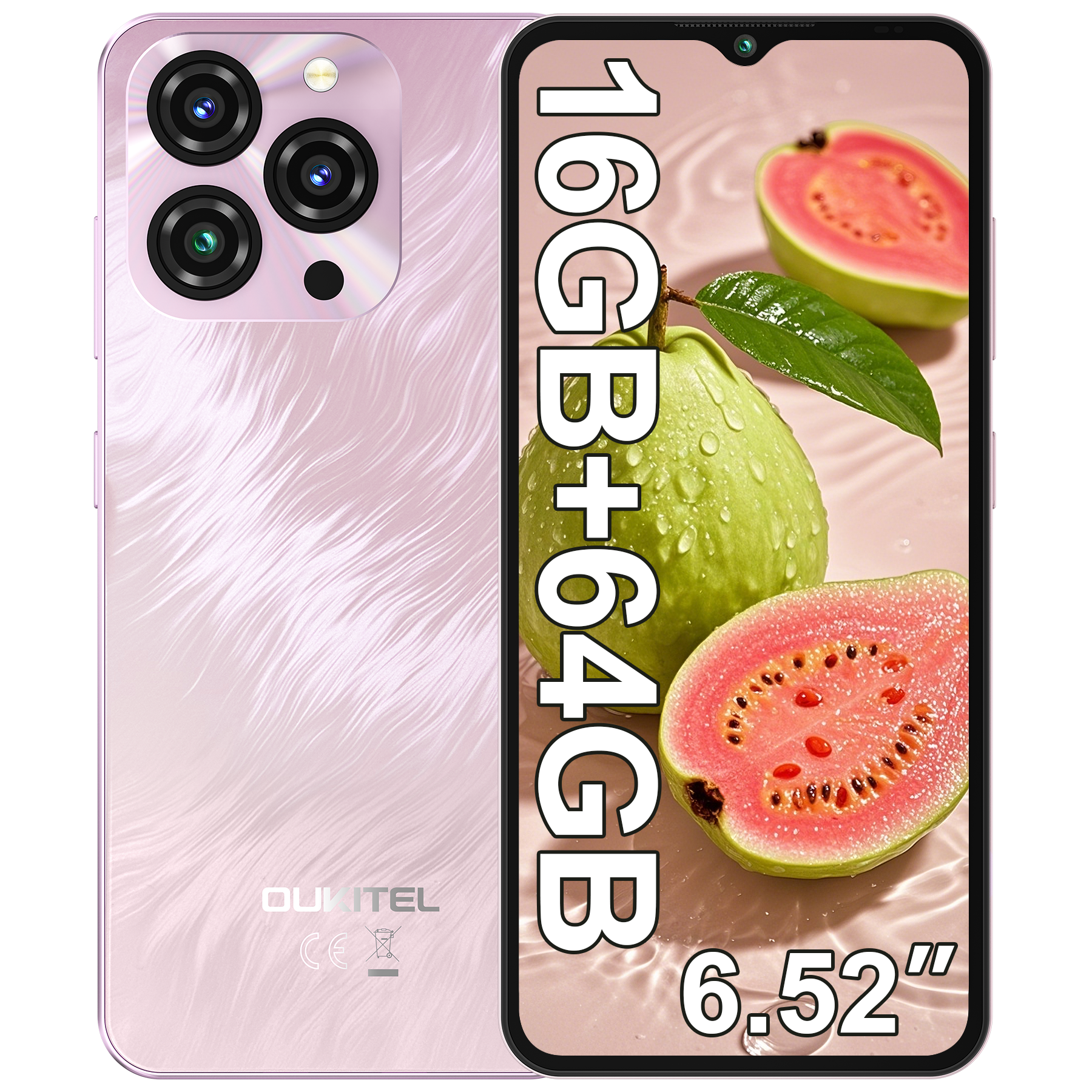 Un smartphone rosa con tres cámaras e imágenes de guayaba en la pantalla.