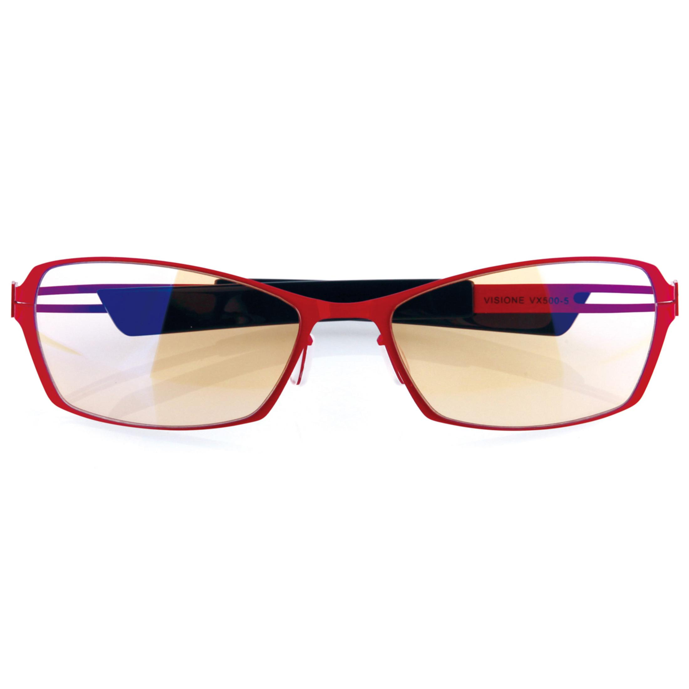 Rote Brille mit rechteckigen Gläsern und getönten Gläsern.