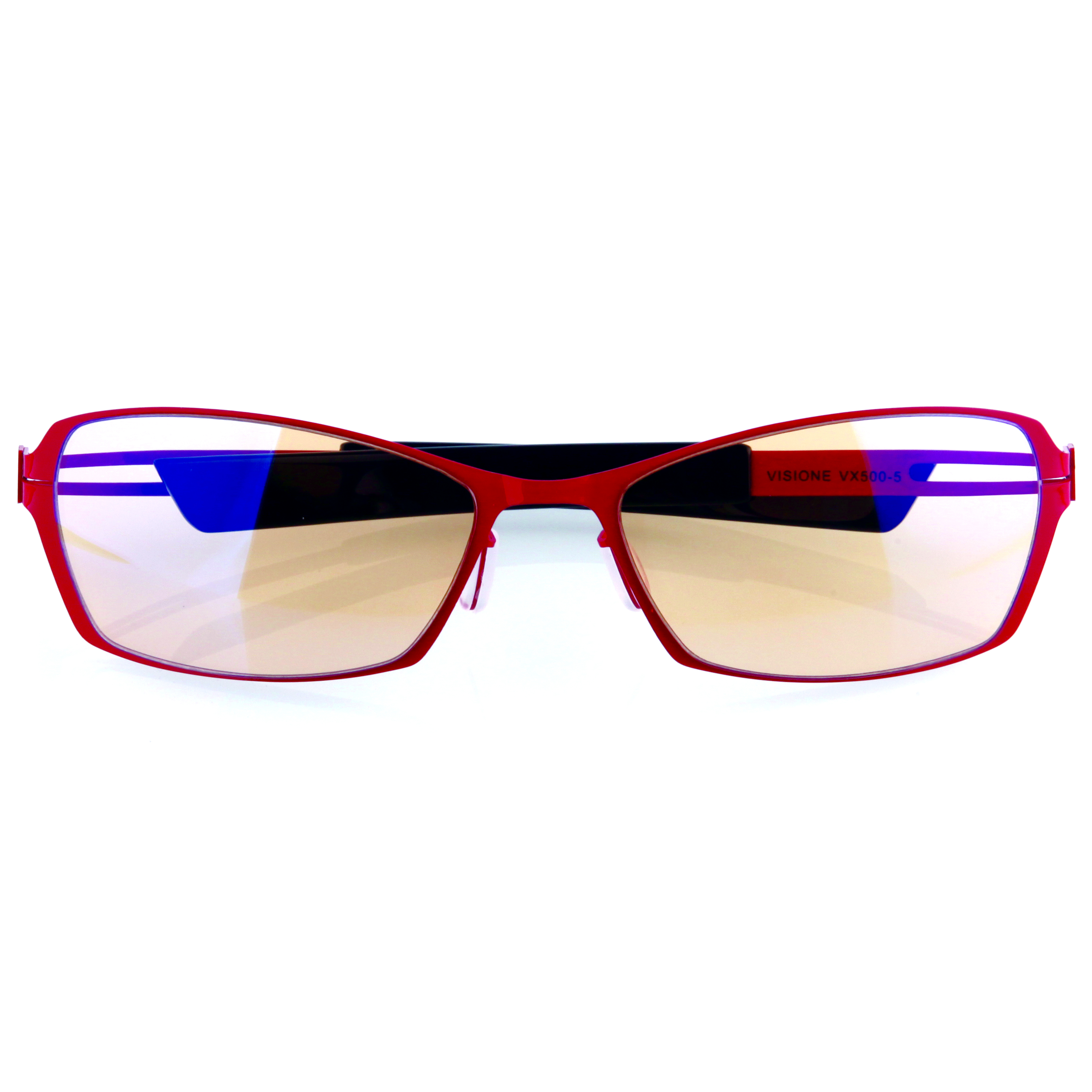 Rote Brille mit gelben Gläsern und blauen Akzenten.