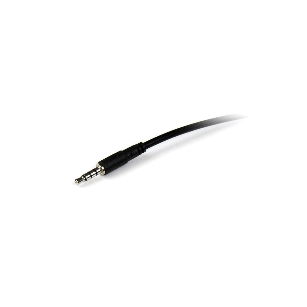 Un conector jack de audio negro de 3,5 mm con cable sobre fondo blanco.