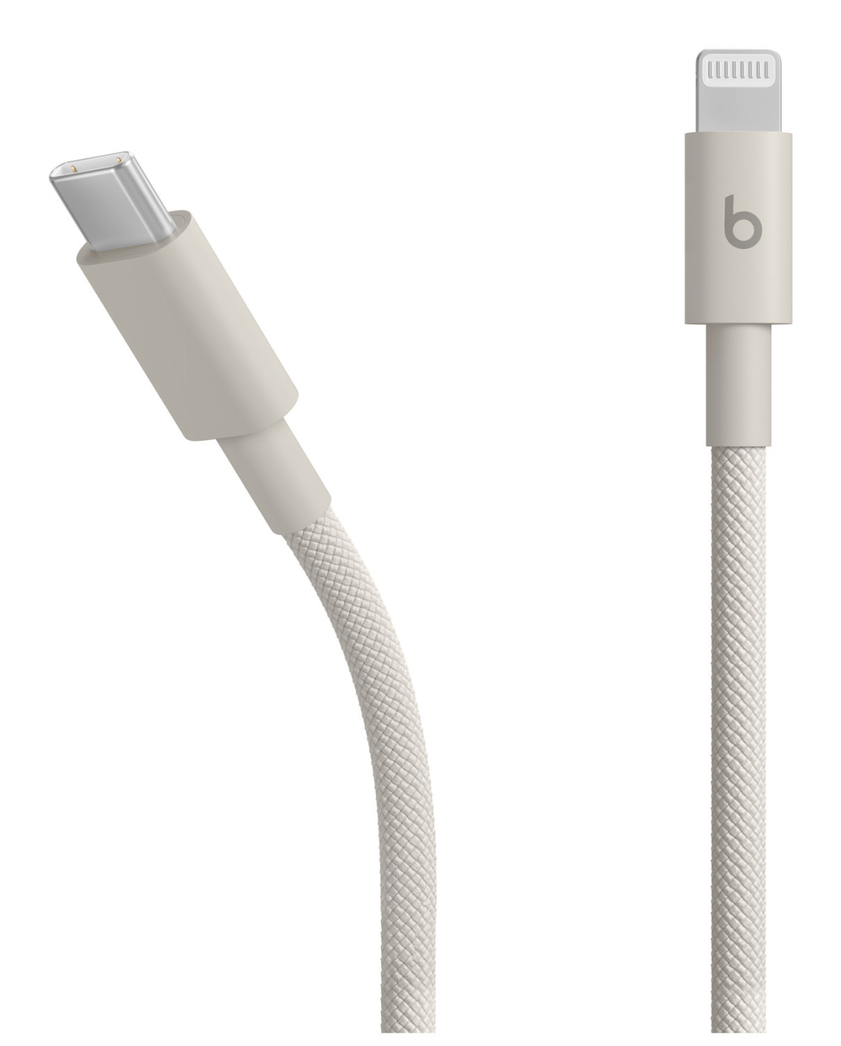 Een witte USB-C-kabel en een Lightning-kabel met Beats-logo.