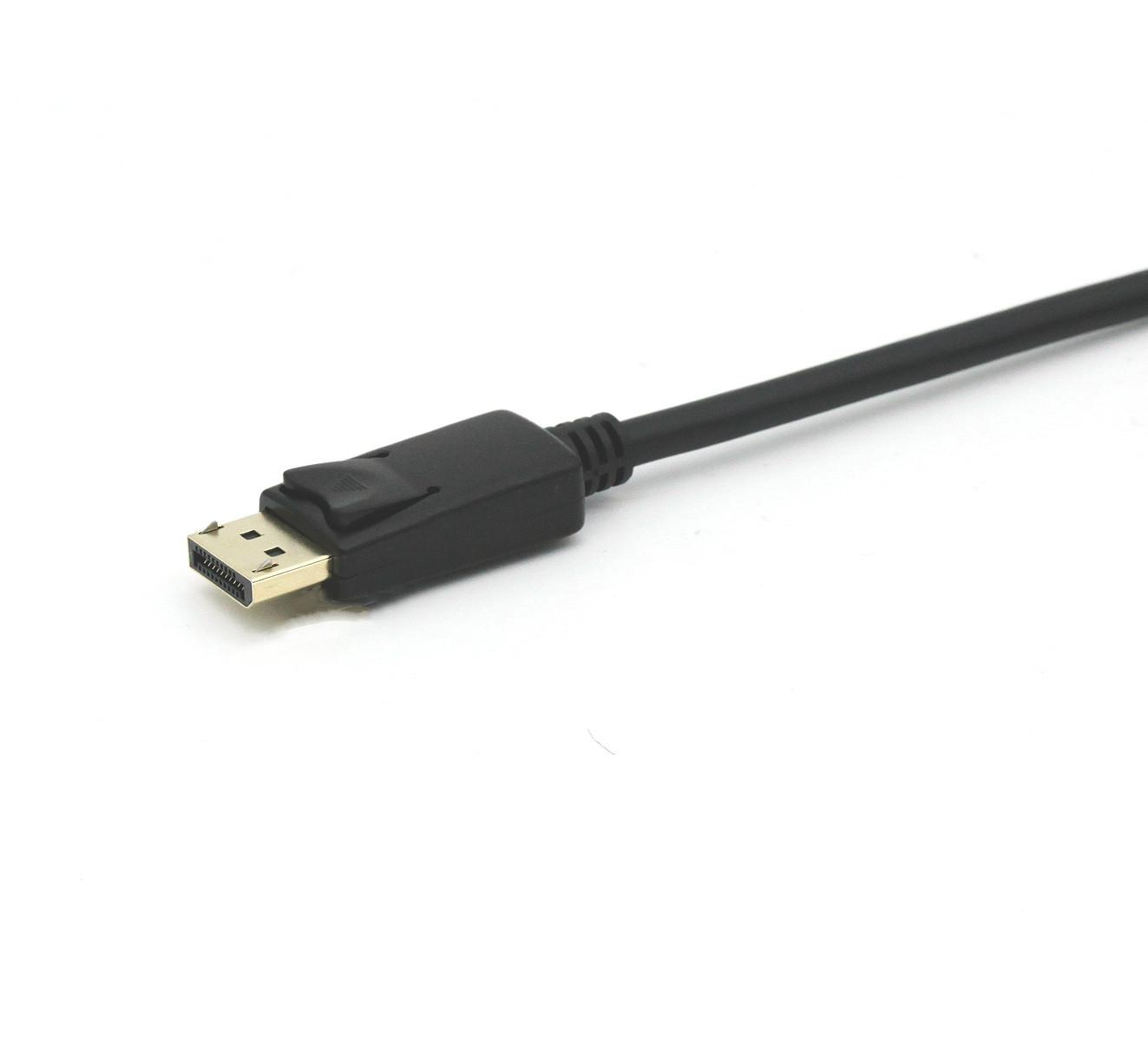Un cable DisplayPort negro con conector dorado sobre fondo blanco.