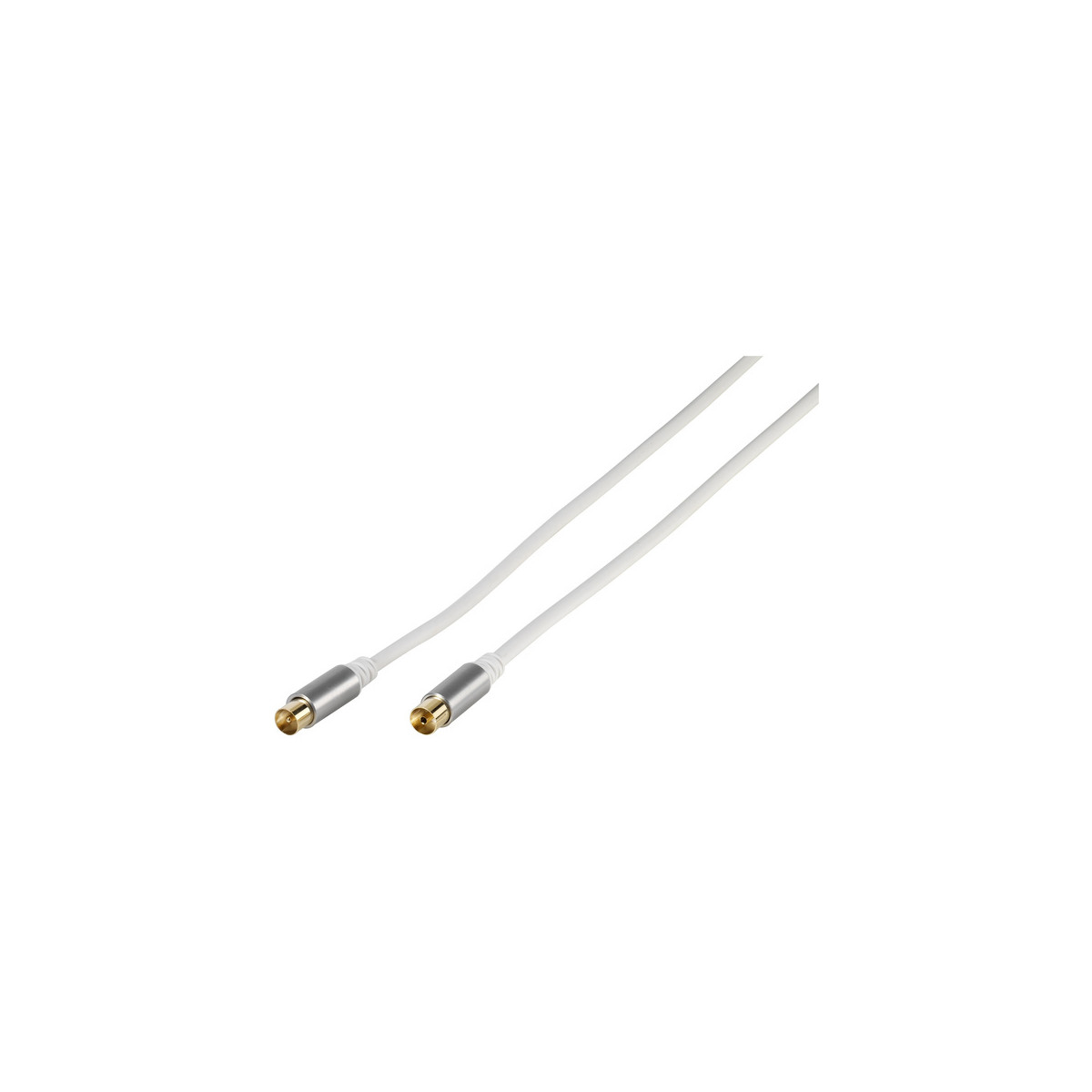 Ein weißes Kabel mit zwei silbernen und goldenen Anschlüssen liegt auf weißem Grund.