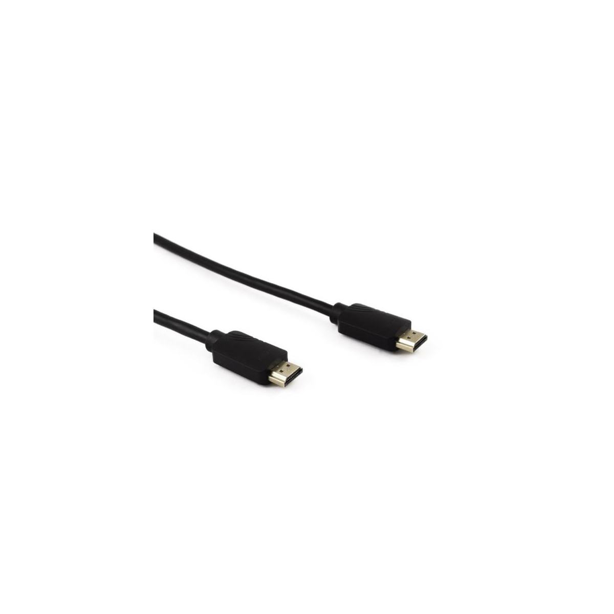 Un cable HDMI negro con dos conectores sobre fondo blanco.