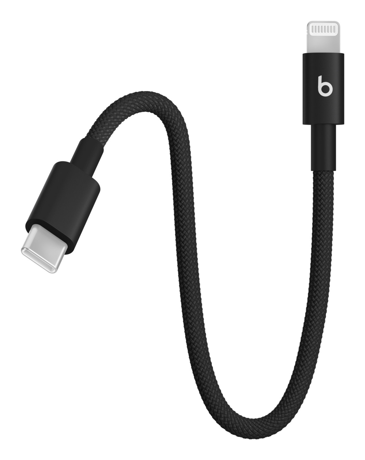 Un cavo Beats nero da USB-C a Lightning con cordone intrecciato.