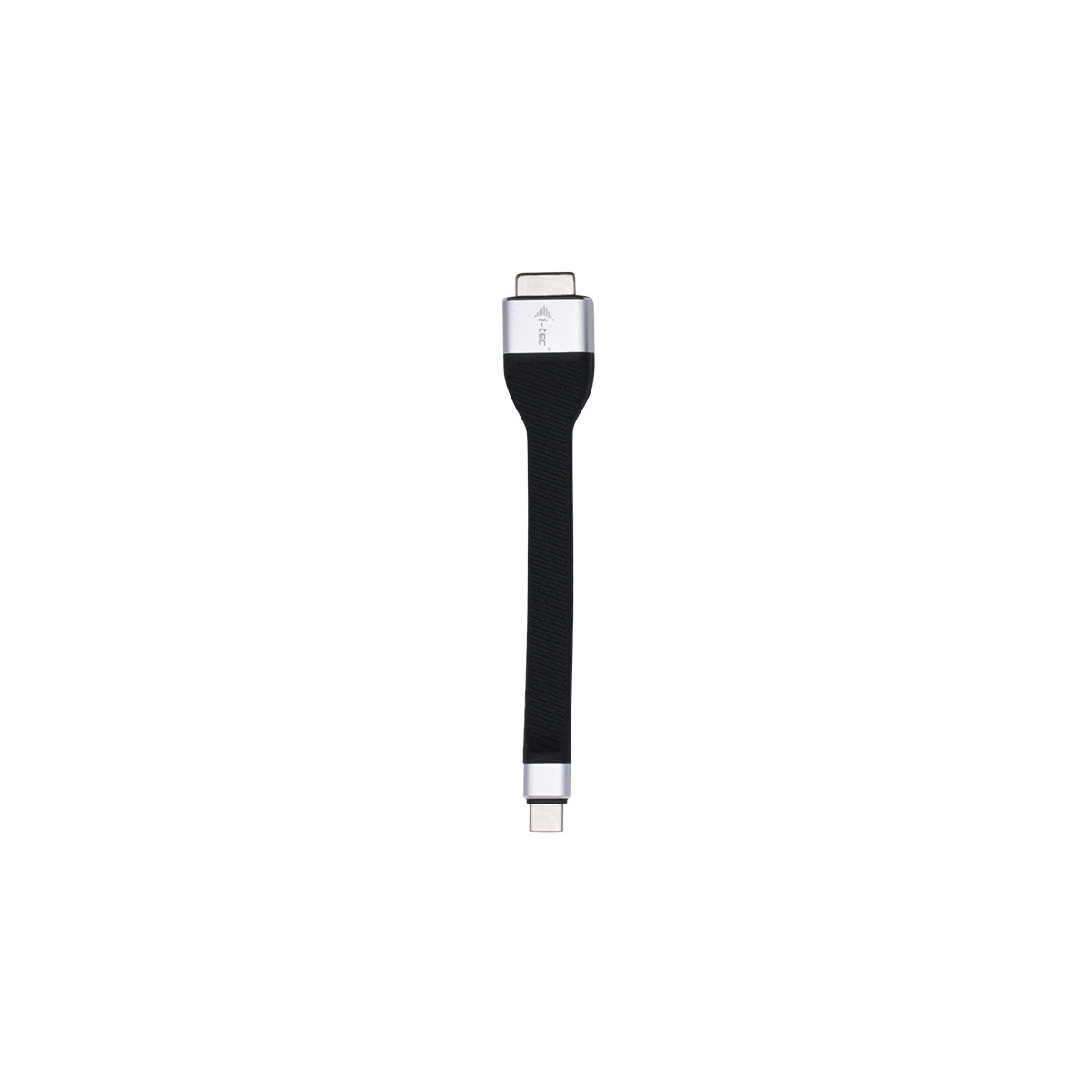 Un cavo USB-C nero con connettori argentati e logo i-tec.