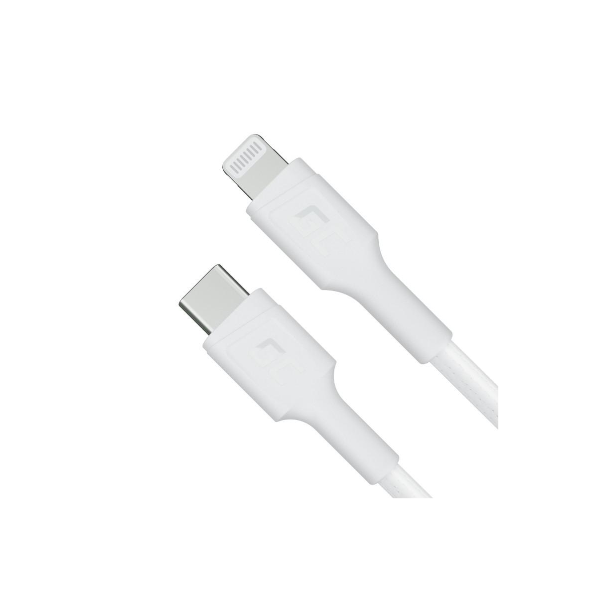 Un cavo USB-C e Lightning bianco con connettori bianchi su sfondo bianco.