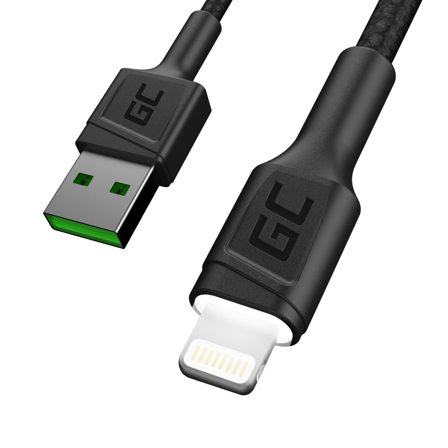 Cavo di ricarica nero con connettori USB-A e Lightning, logo GC.